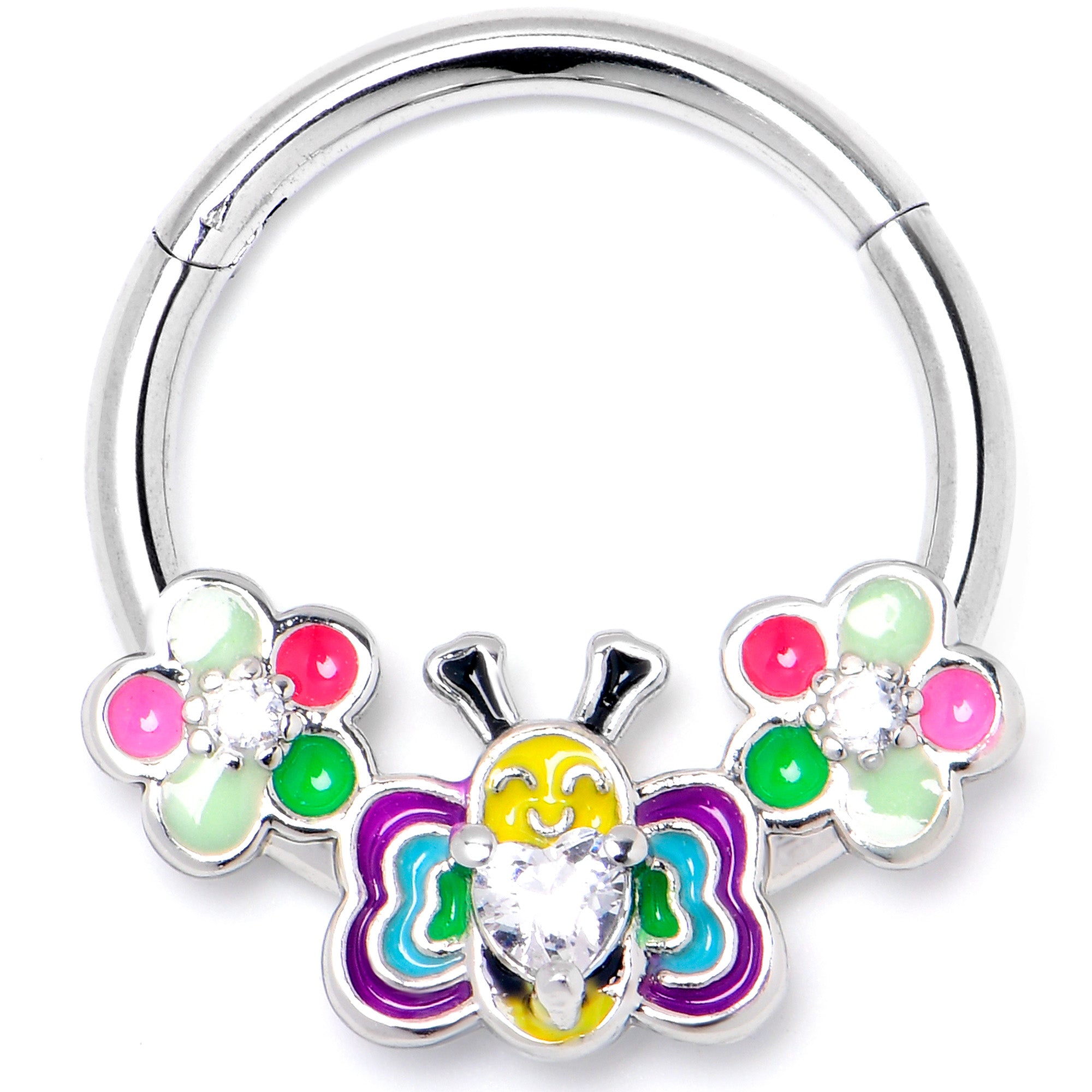 16G 3/8 Clear CZ Gem Butterfly Love Bug Hinged Segment Ring