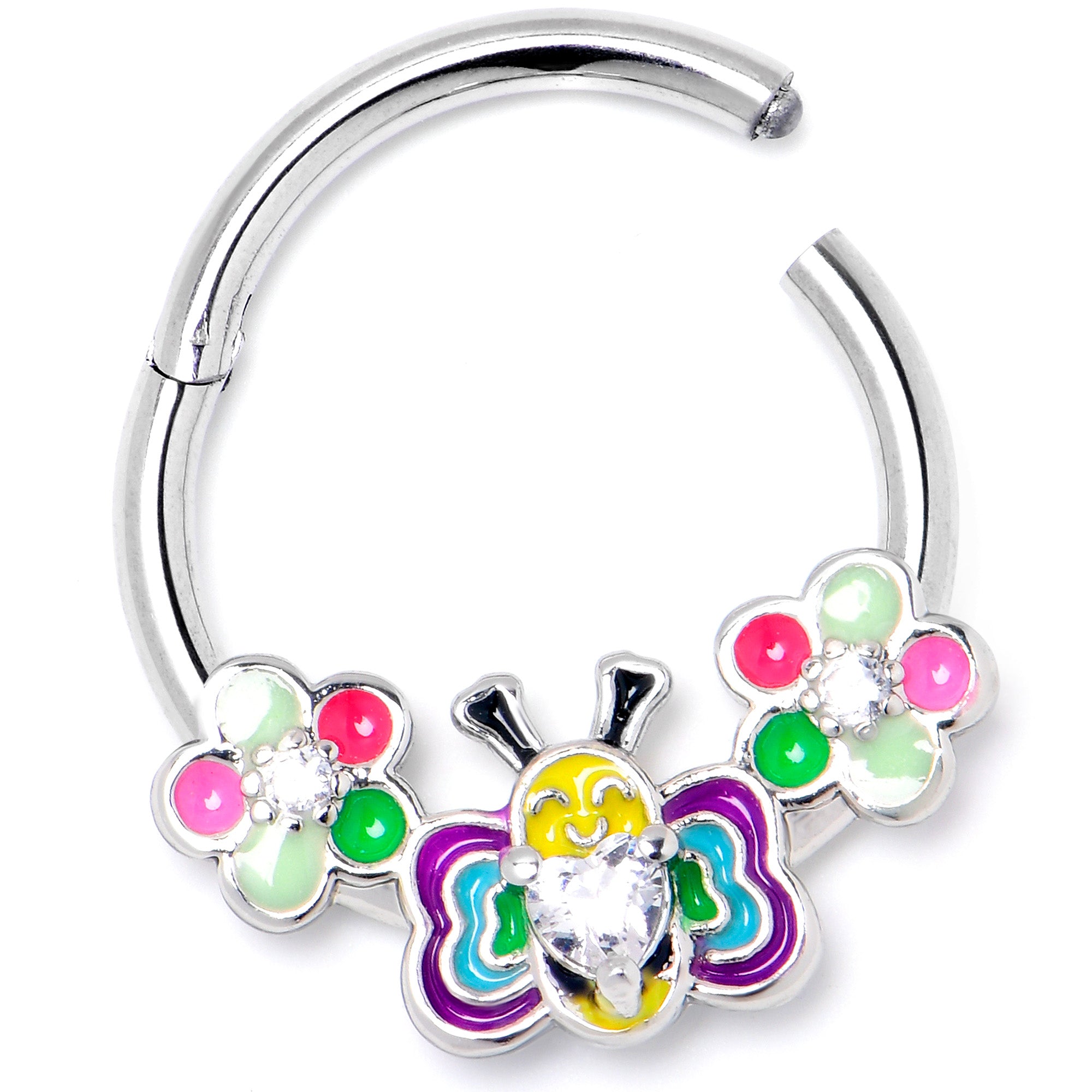 16G 3/8 Clear CZ Gem Butterfly Love Bug Hinged Segment Ring