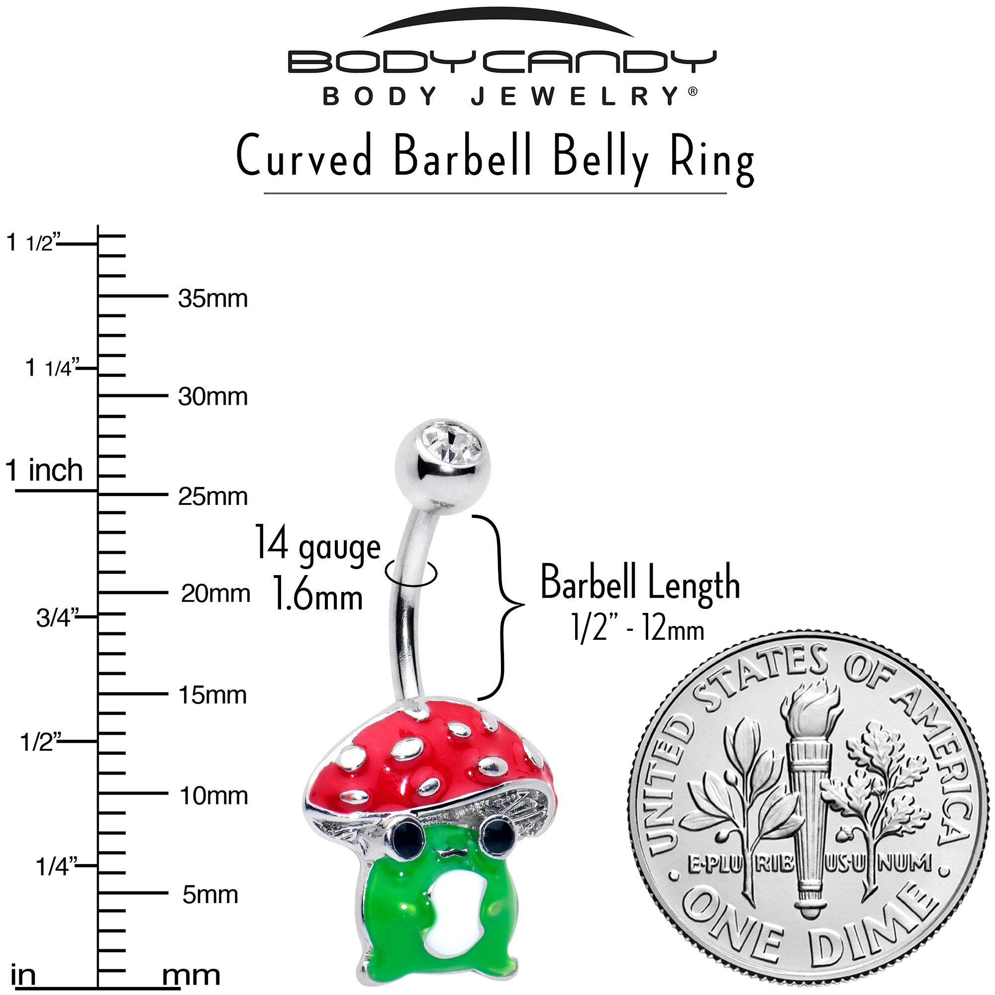 Clear Gem Happy Mushroom Red Green Belly Ring