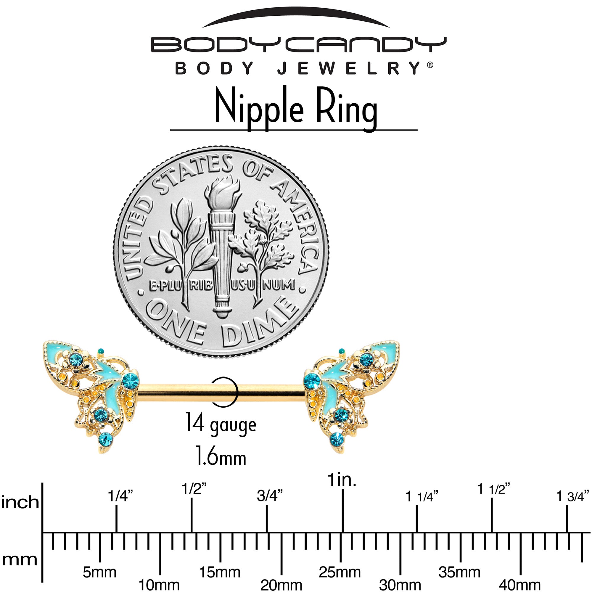 14 Gauge 9/16 Blue Gem Gold Hue Ribbon Butterfly Barbell Nipple Ring Set