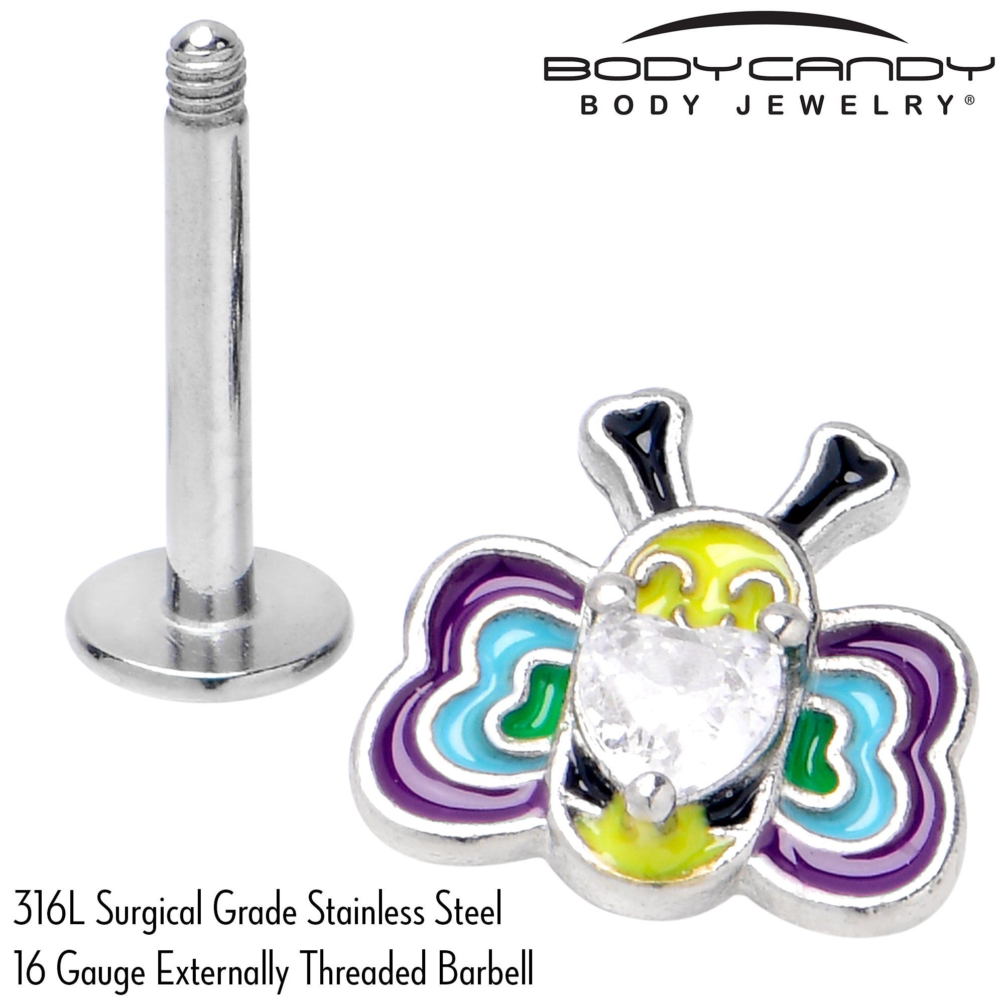 16G 5/16 Clear CZ Gem Butterfly Love Bug Labret Monroe Tragus