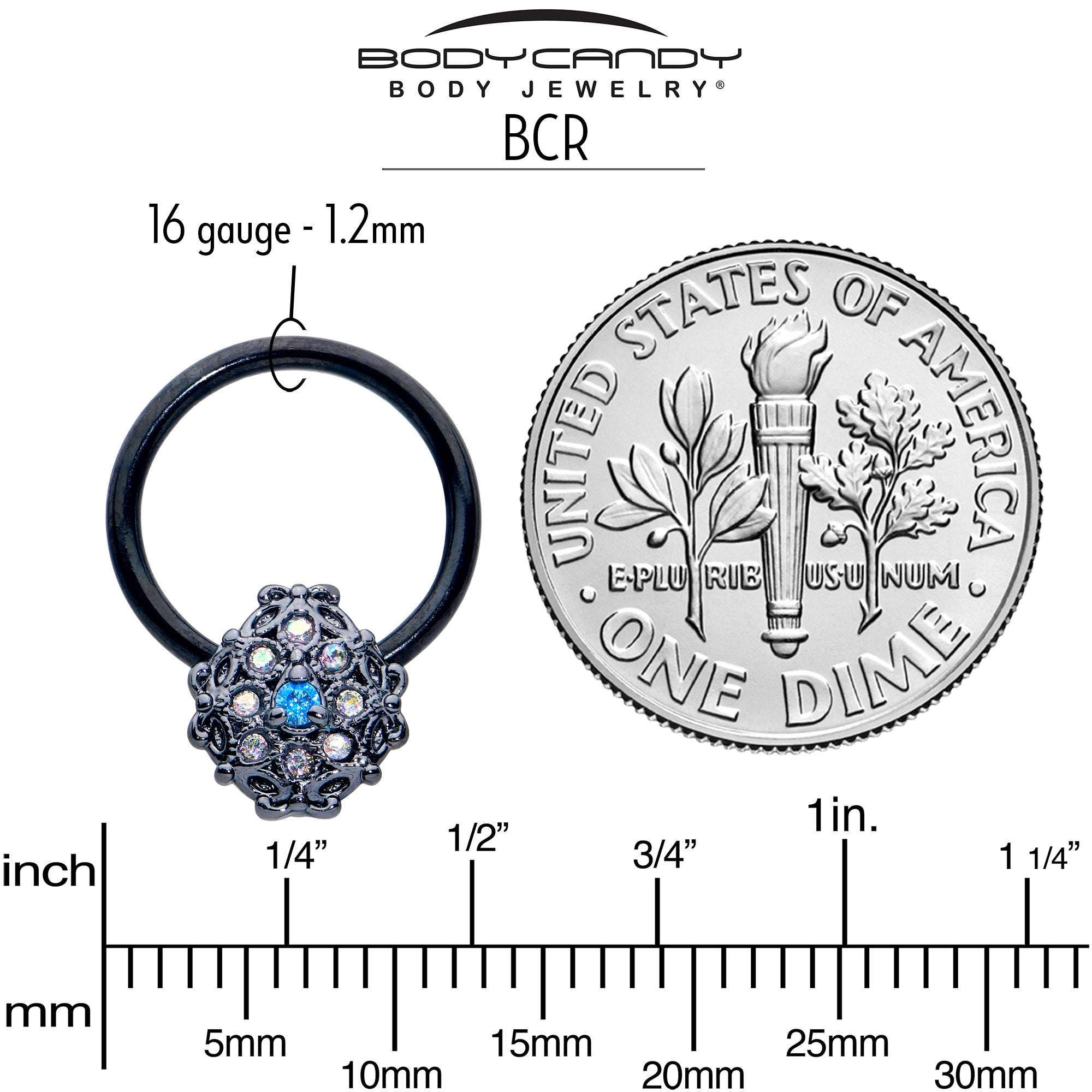 16 Gauge 3/8 Blue Aurora Gem Black Night Blossom BCR Captive Ring