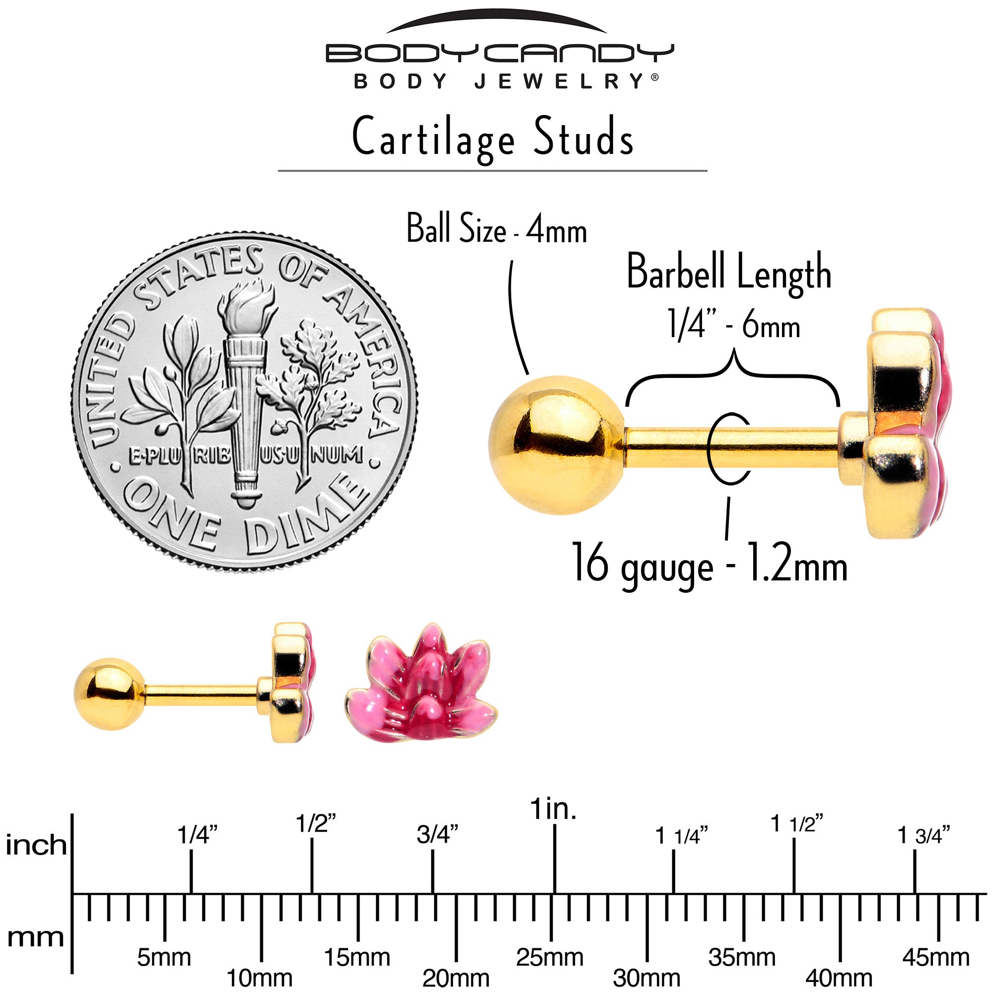 16 Gauge 1/4 Clear Gem Gold Tone Ladybug Lotus Cartilage Set of 3