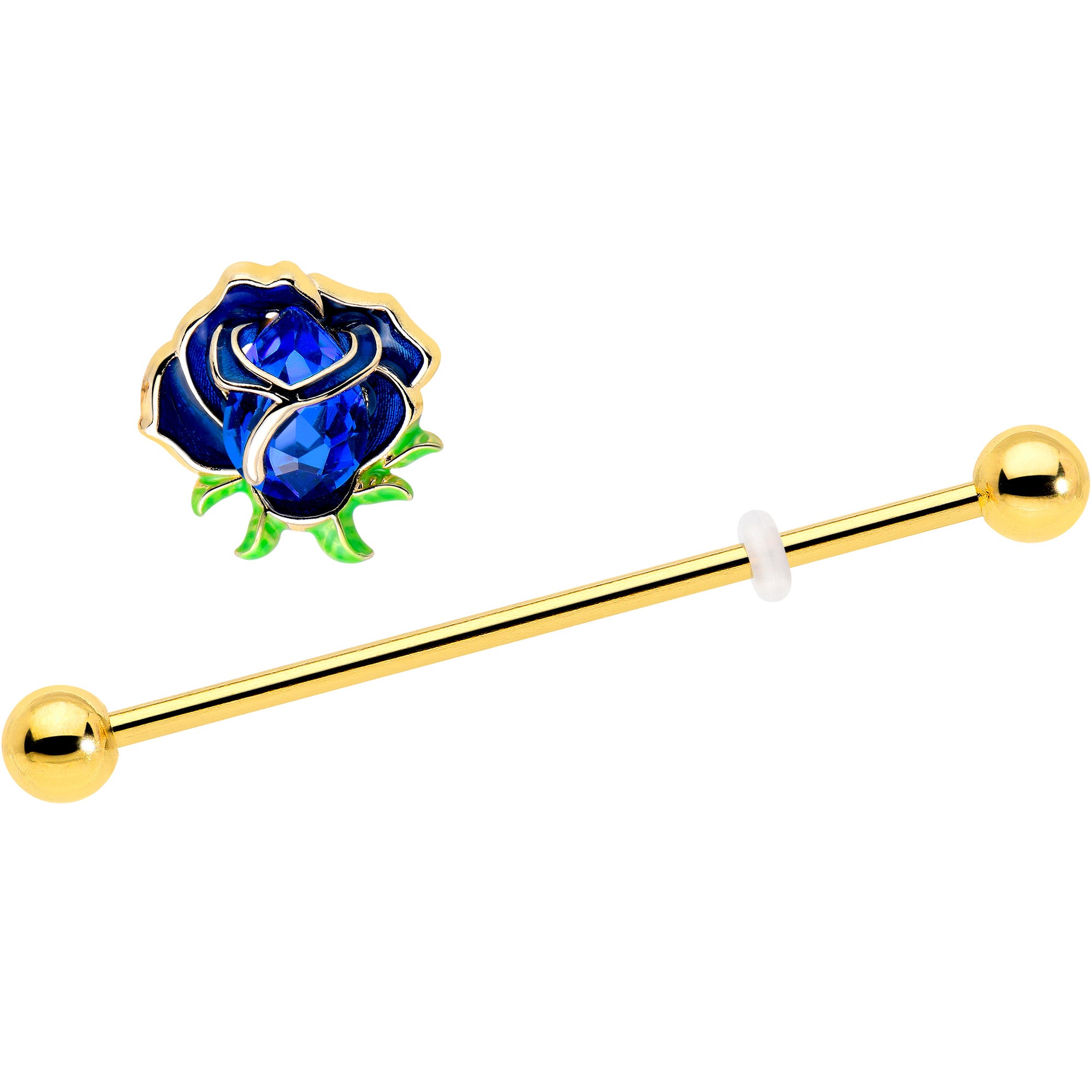 Gold Tone Deep Blue Flower Barbell 38mm