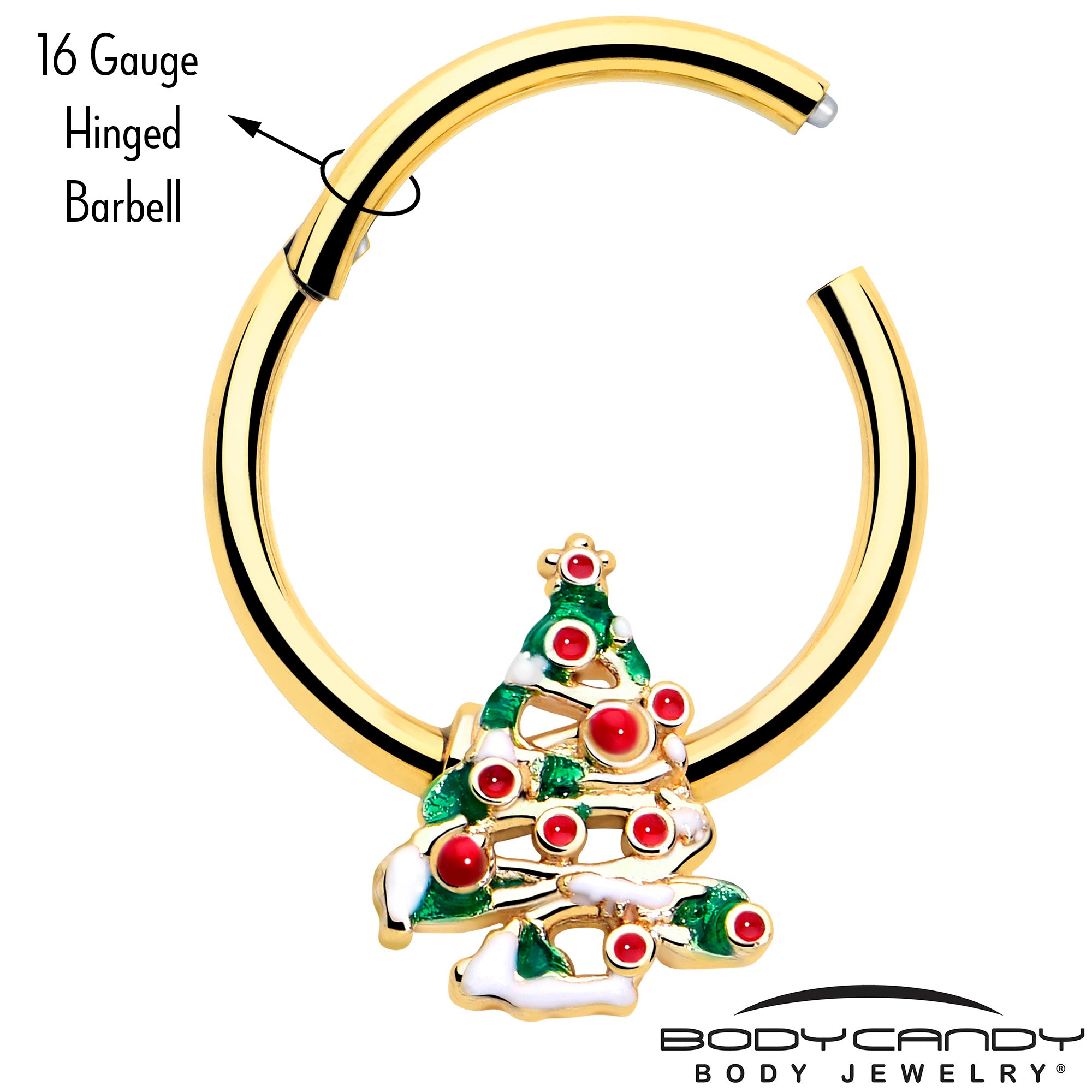 16 gauge gold tone holiday tree cartilage ring winter festive piercing