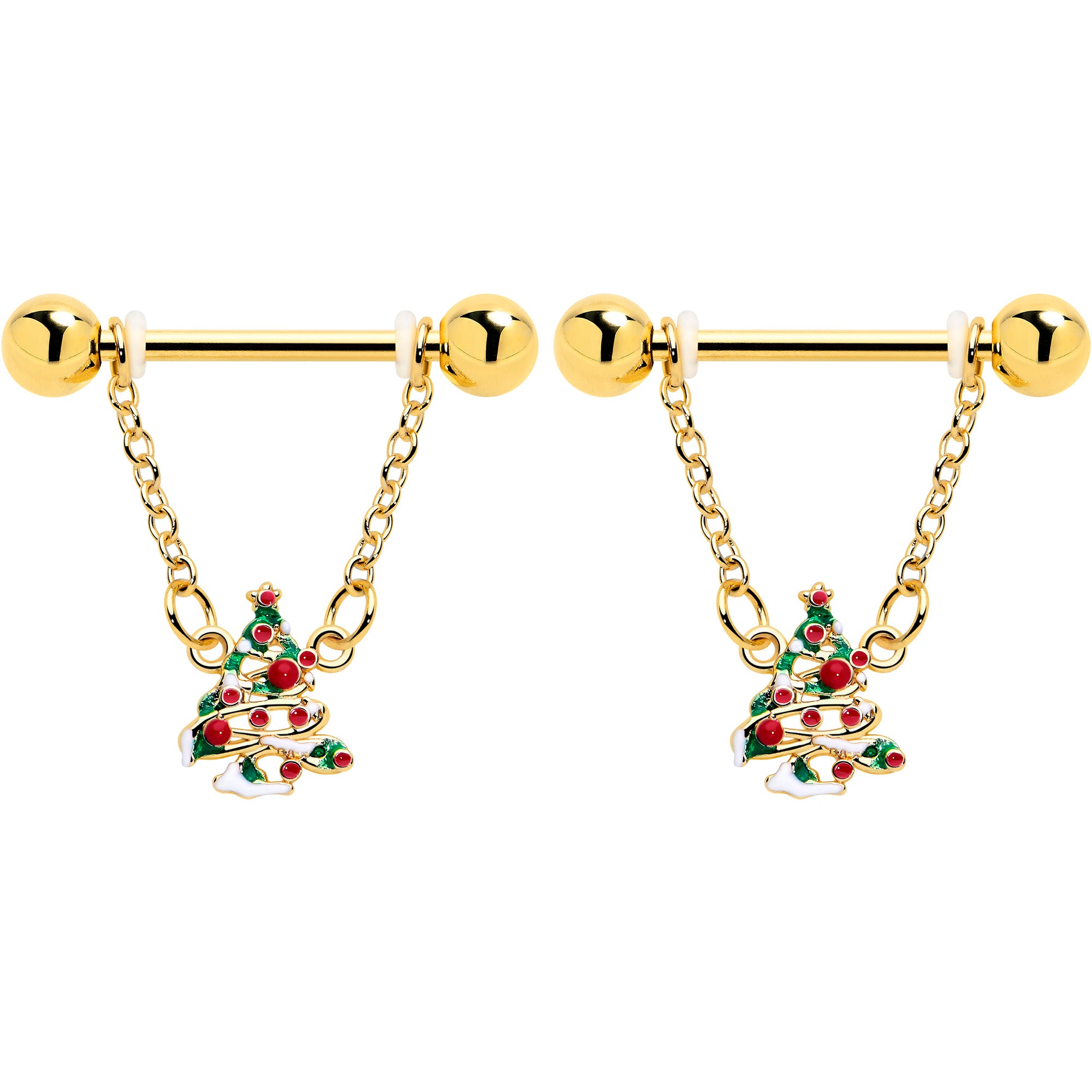 Snowy Christmas Tree Nipple Rings 14G 9 16 Red Gem Holiday Jewelry