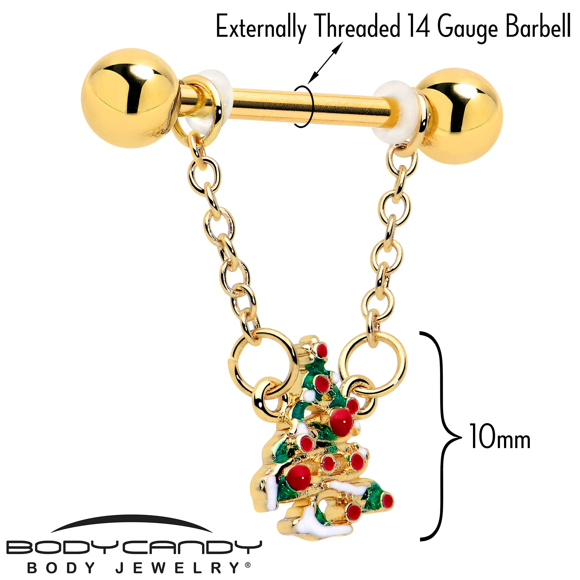 Gold Tone Christmas Tree Chain Dangle Nipple Ring Set Red Accent