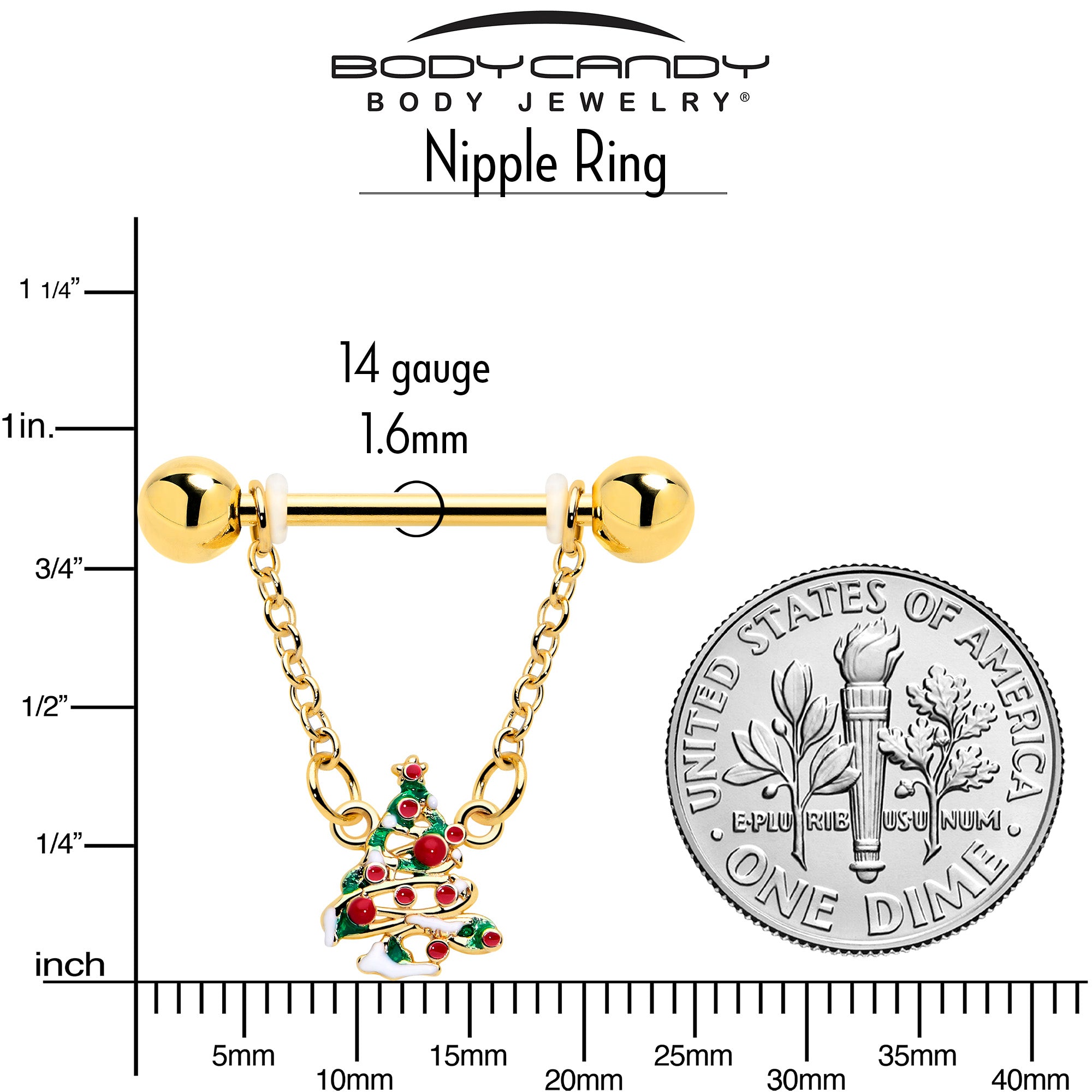 Festive Snowy Tree Nipple Jewelry Set 14 Gauge Holiday Dangle Rings