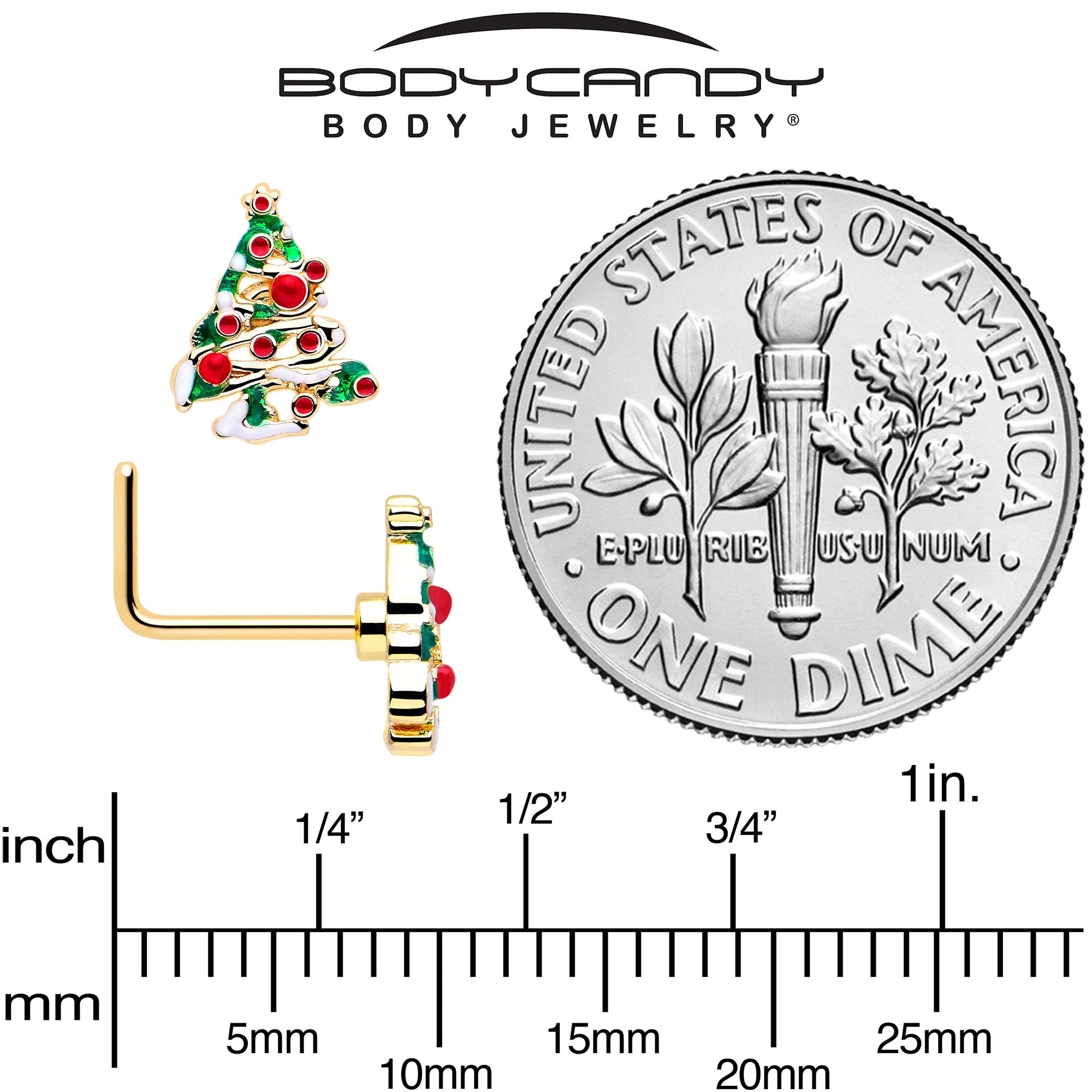 gold tone christmas nose ring snowy tree design 20 gauge l shape