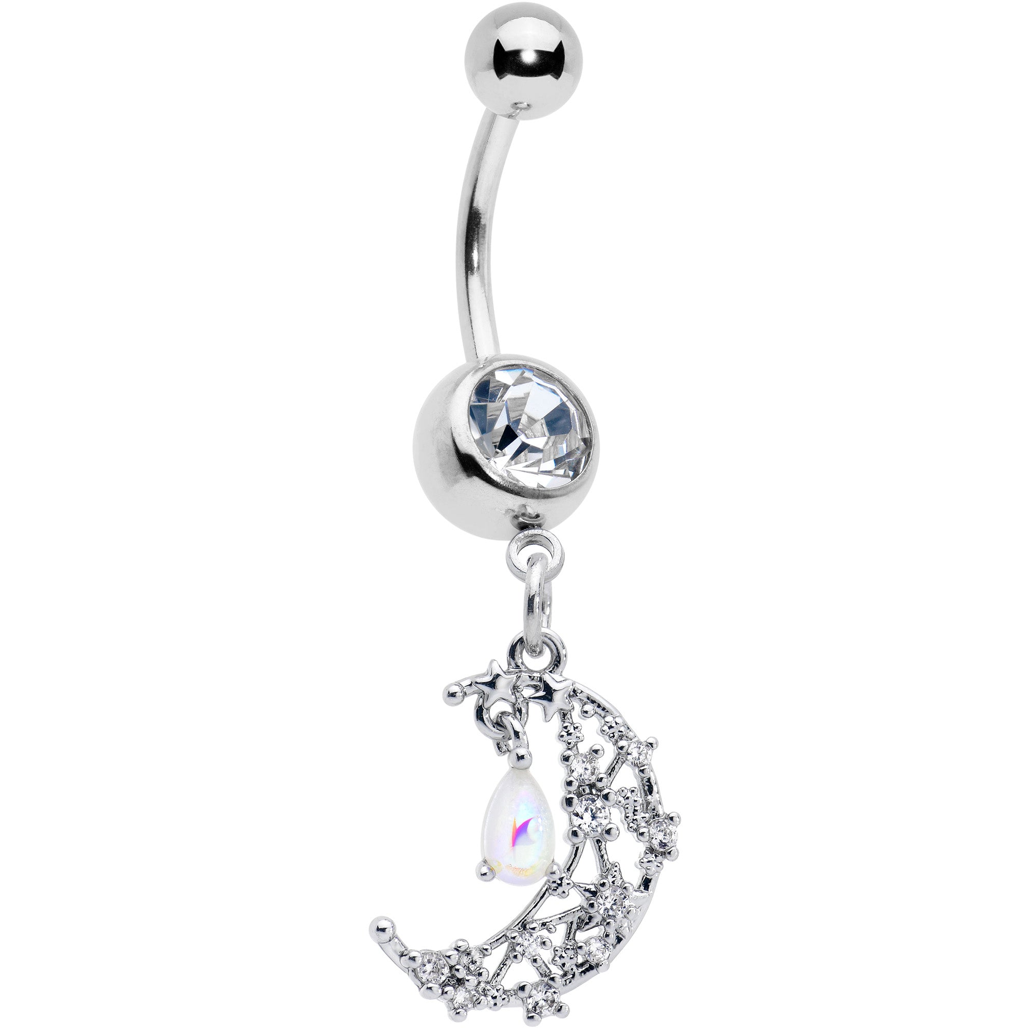 White Clear Gem Constellation Moon Dangle Belly Ring