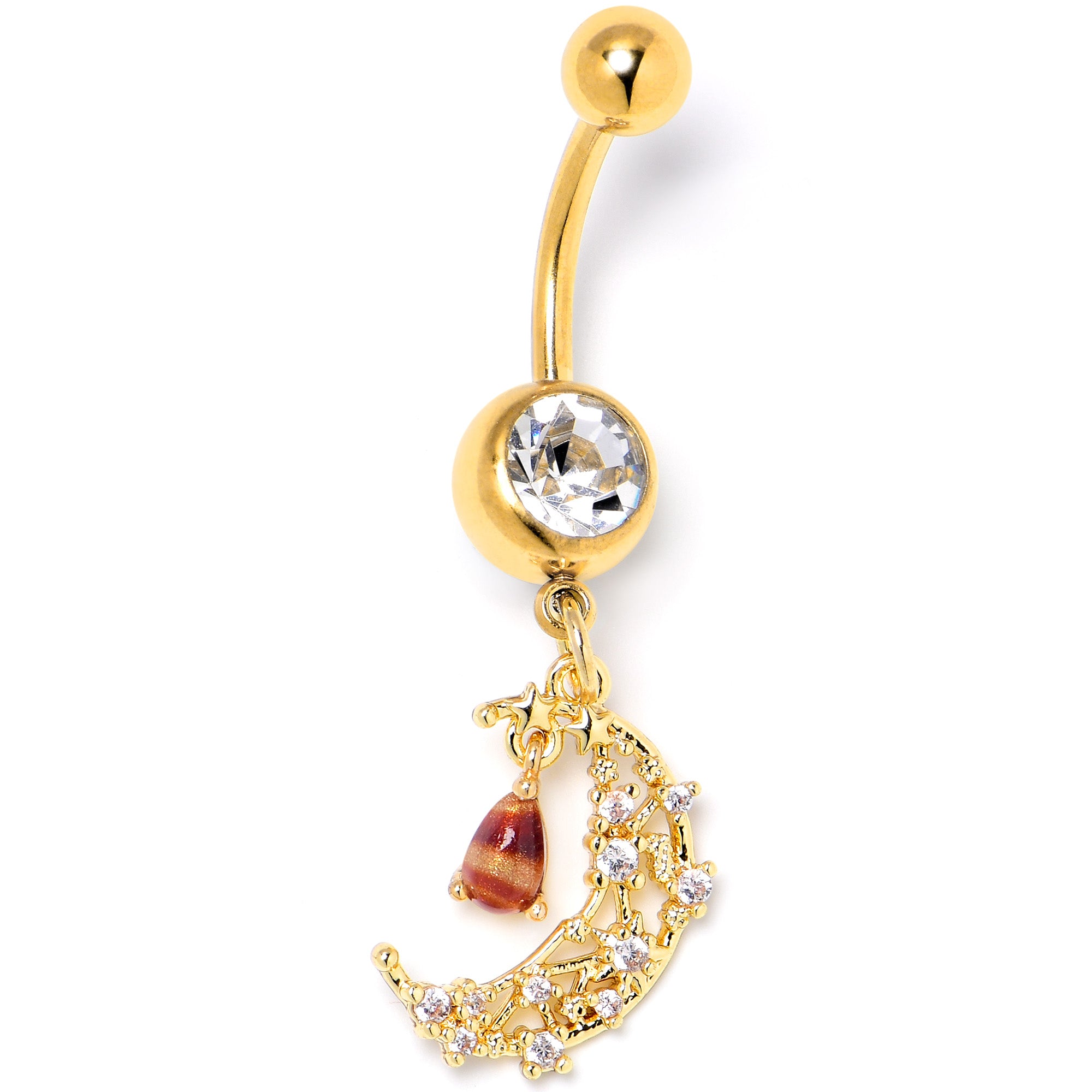 Clear Brown Gem Gold Tone Constellation Moon Dangle Belly Ring