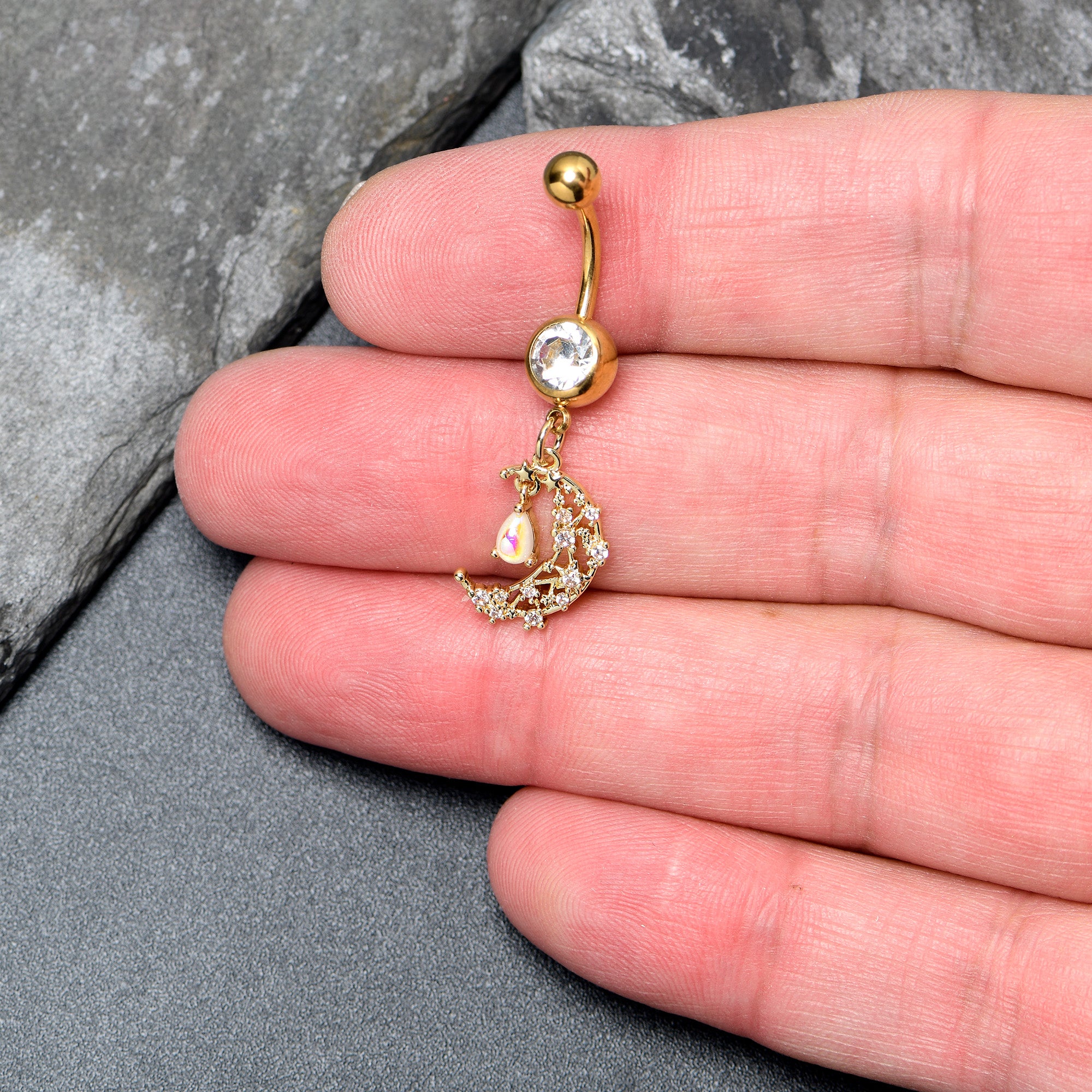 Clear White Gem Gold Tone Constellation Moon Dangle Belly Ring