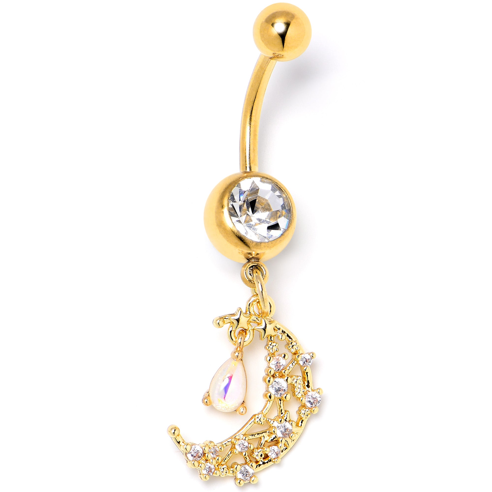 Clear White Gem Gold Tone Constellation Moon Dangle Belly Ring
