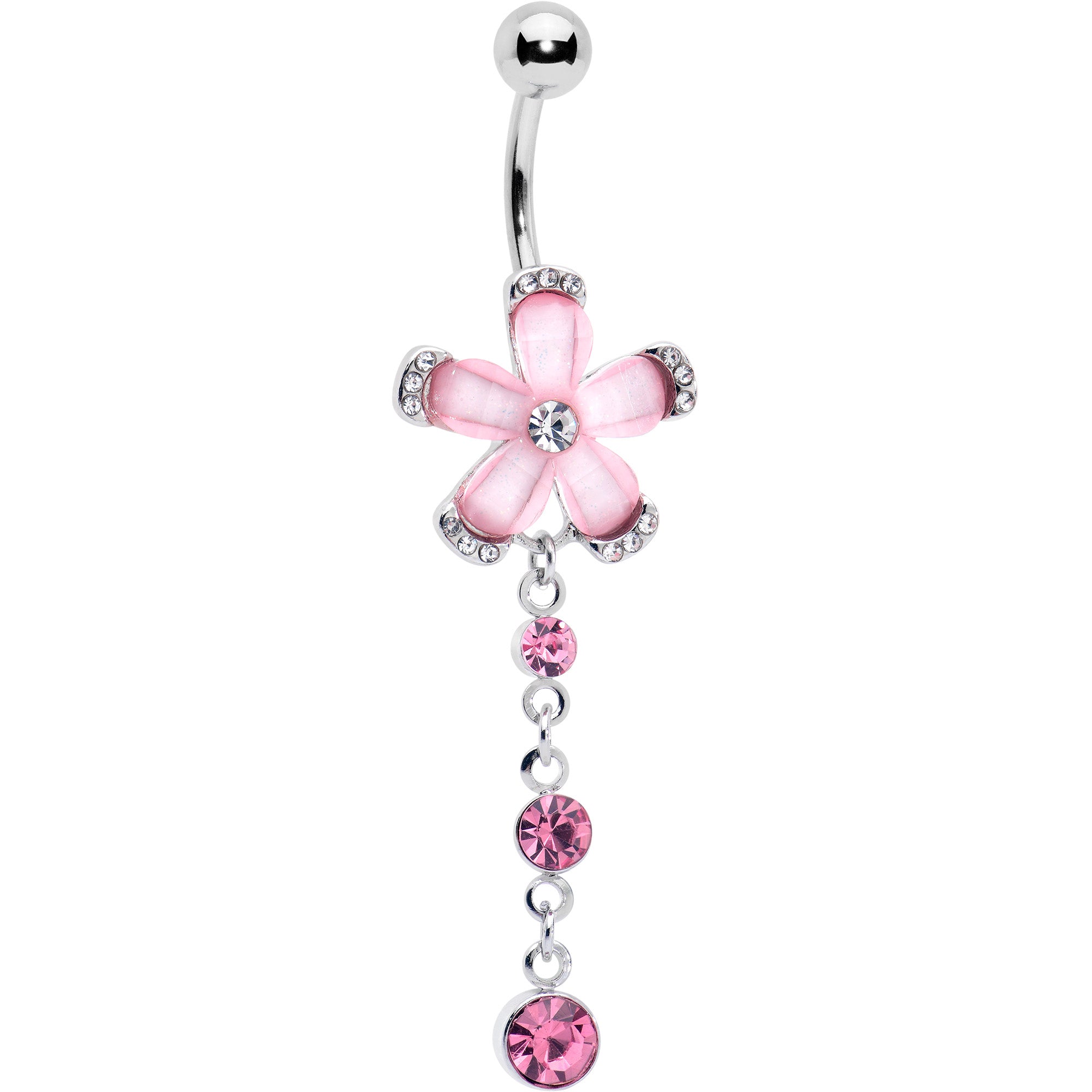 Pink Clear Gem Retro Flower Glamour Dangle Belly Ring