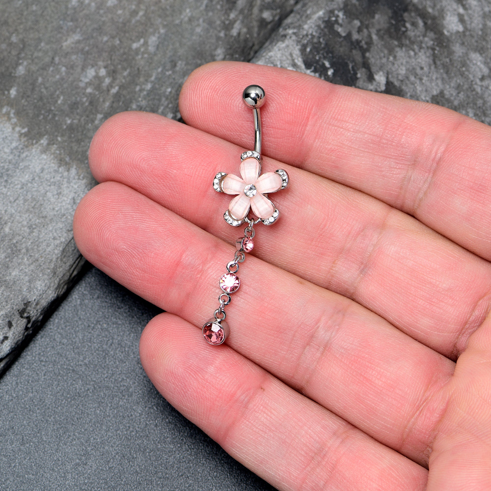 Pink Clear Gem Retro Flower Glamour Dangle Belly Ring