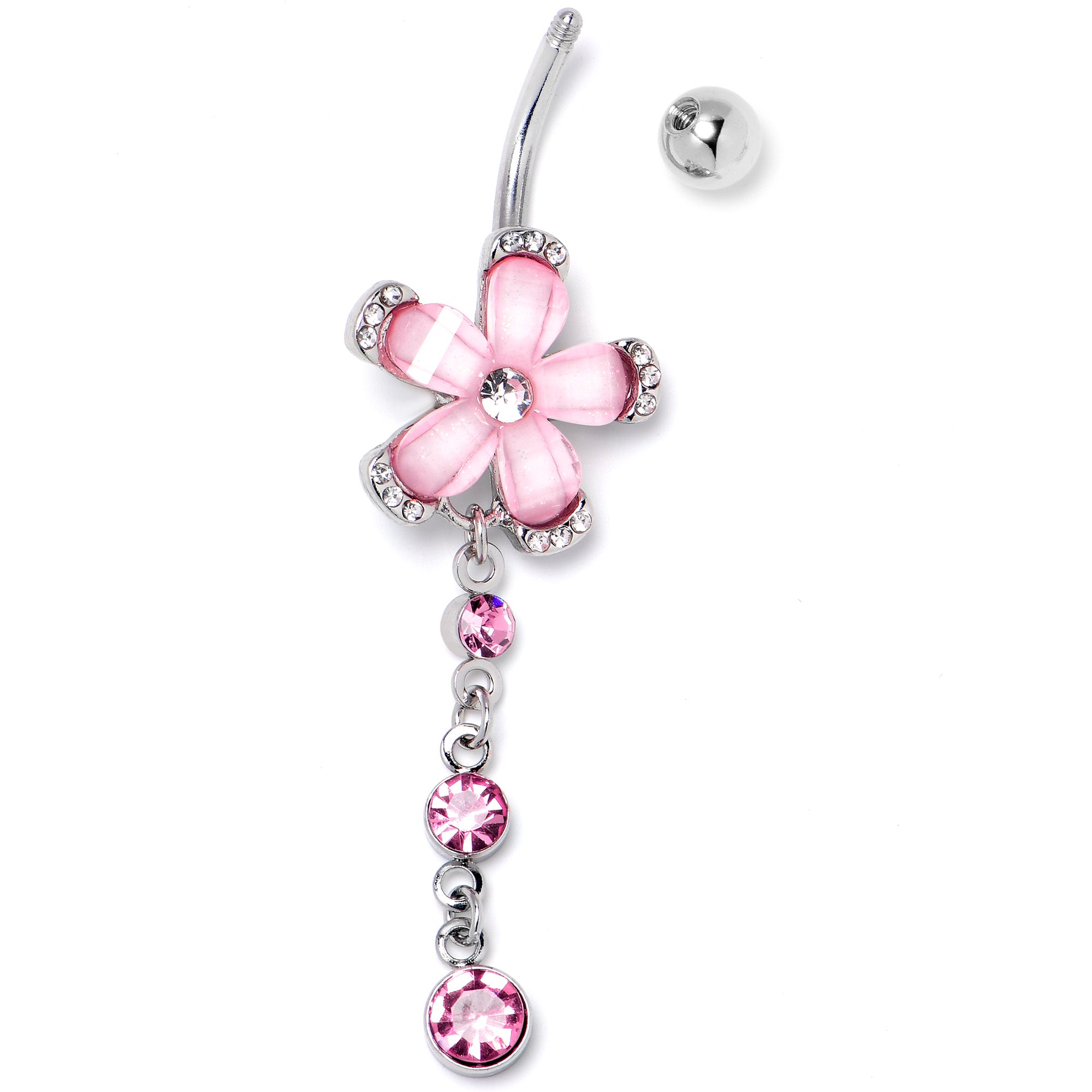 Pink Clear Gem Retro Flower Glamour Dangle Belly Ring