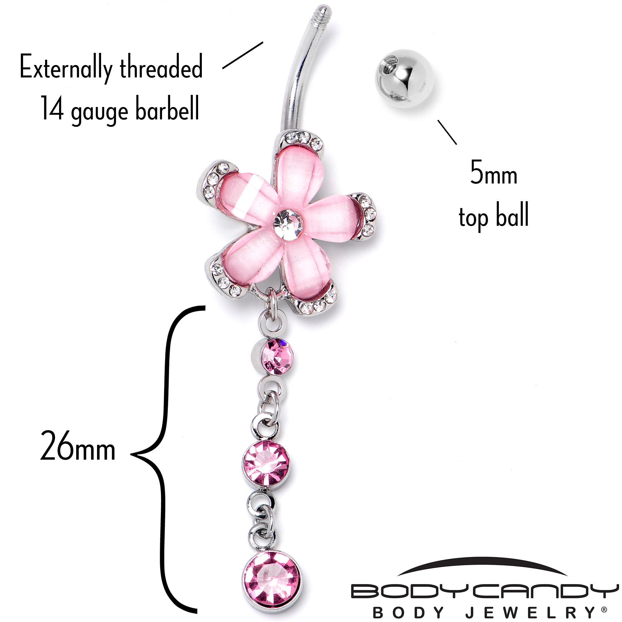 Pink Clear Gem Retro Flower Glamour Dangle Belly Ring