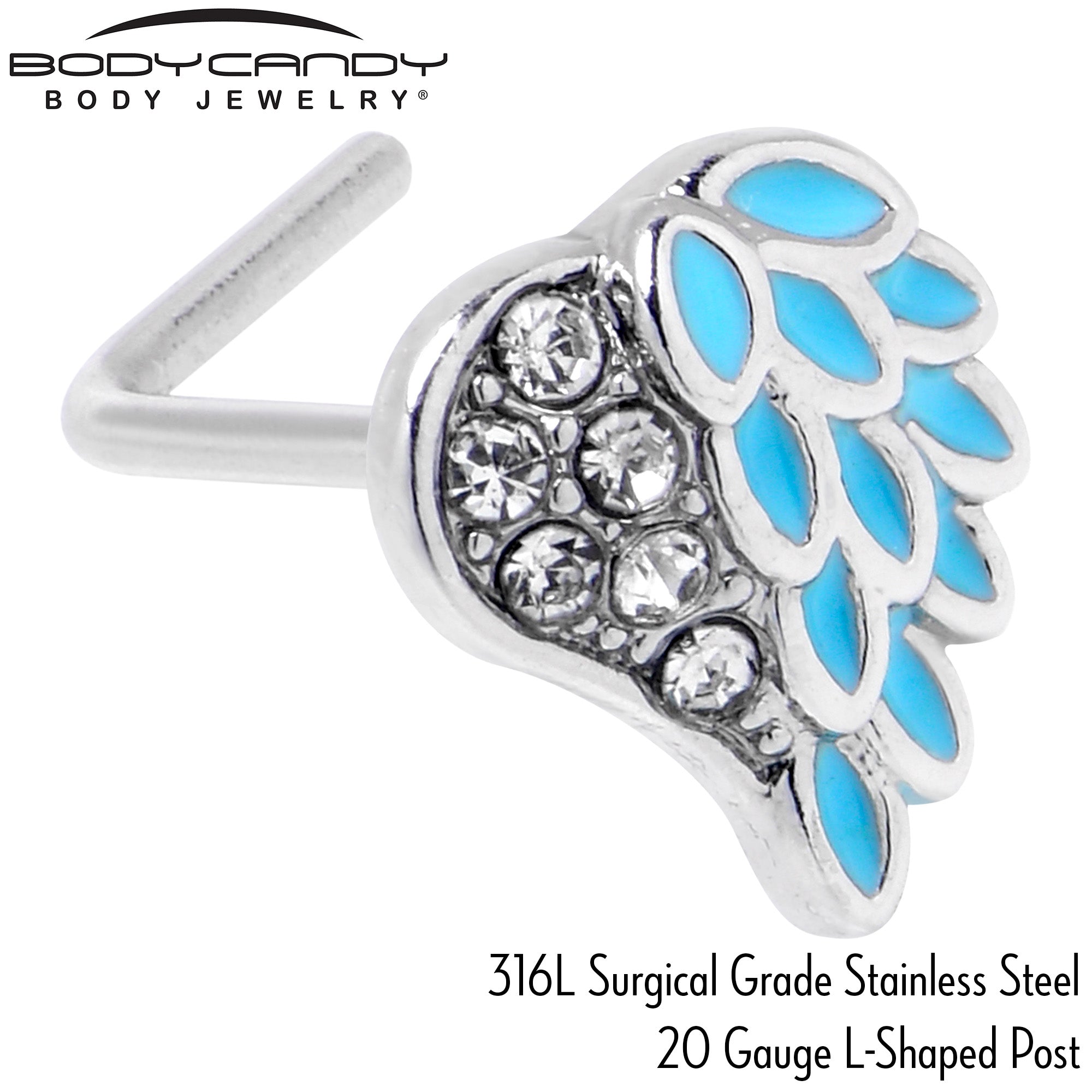 20G 7mm Clear Gem Heavenly Heart Angel Wing Blue L Shape Nose Ring