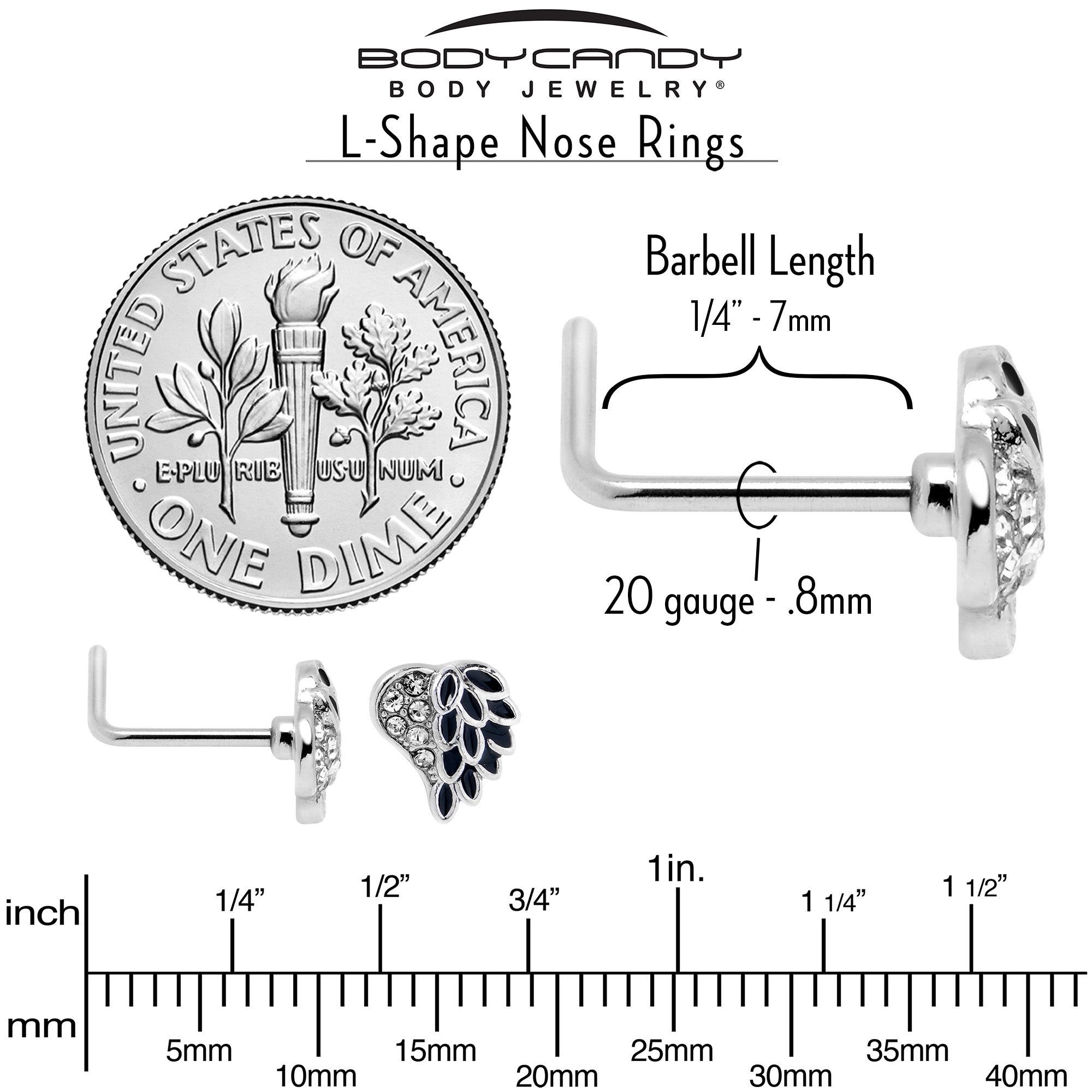 20G 7mm Clear Gem Heavenly Heart Angel Wing Black L Shape Nose Ring