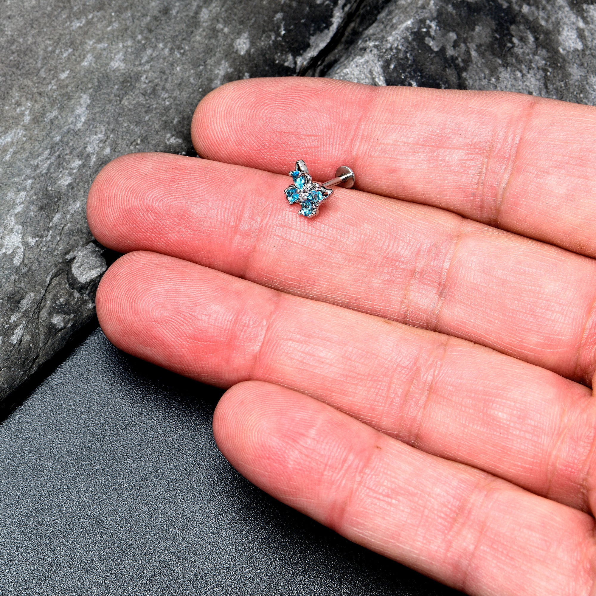 16G 5/16 Blue Gem Baroque Butterfly Internally Threaded Labret