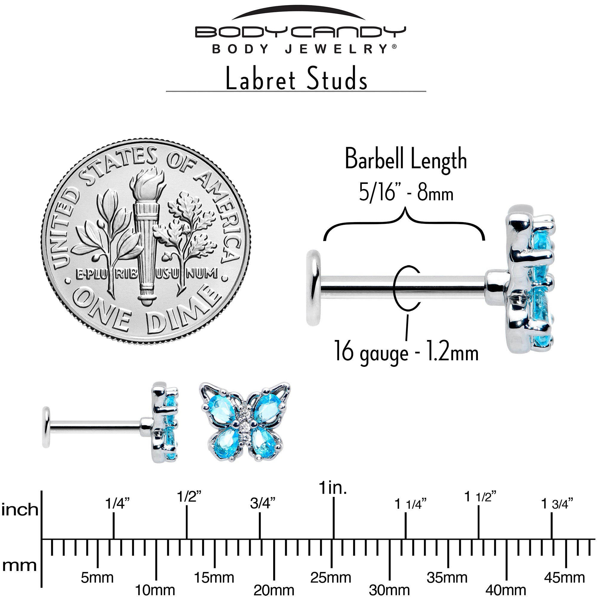 16G 5/16 Blue Gem Baroque Butterfly Internally Threaded Labret