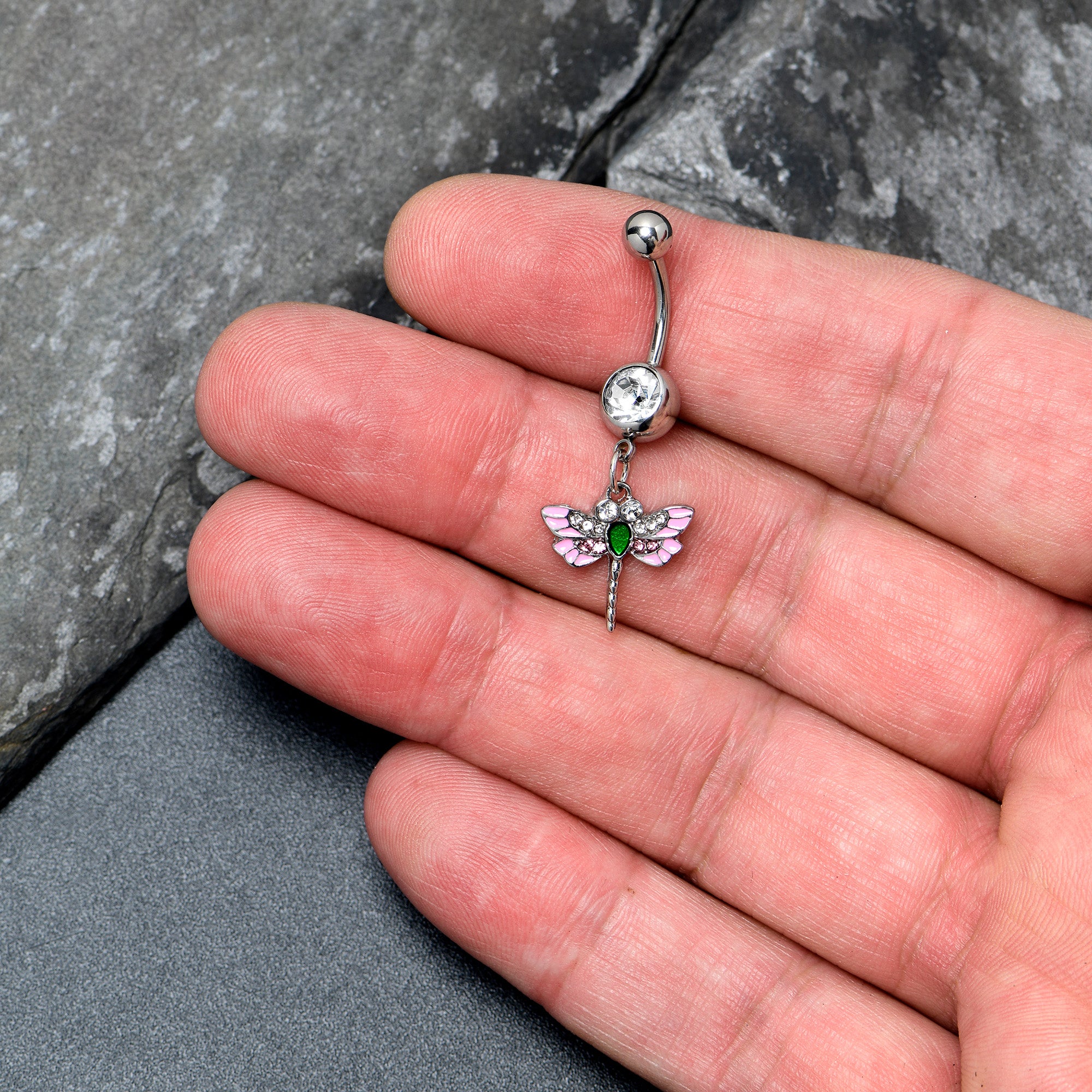 Pink Clear Gem Bright Dragonfly Pink Dangle Belly Ring
