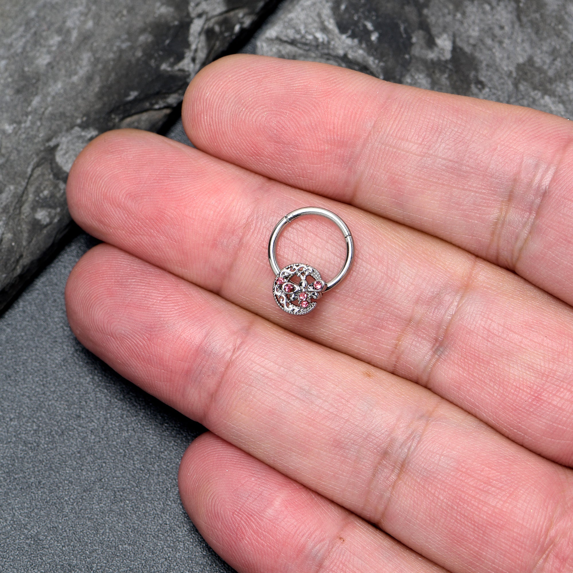 16G 3/8 Pink Gem Lunar Dragonfly Hinged Segment Ring