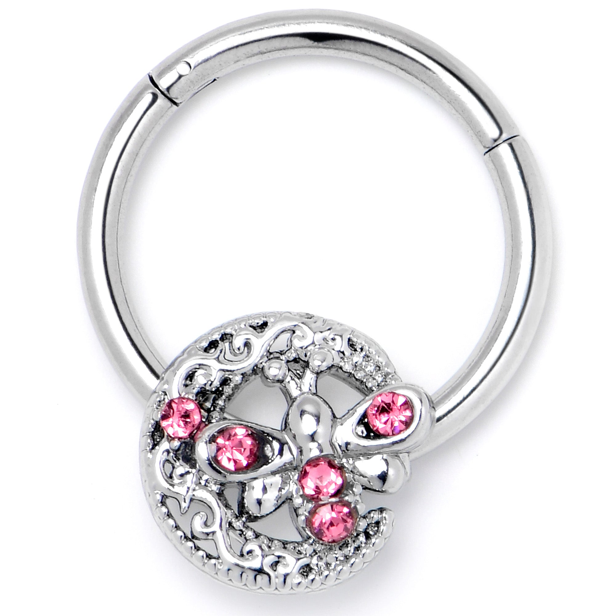 16G 3/8 Pink Gem Lunar Dragonfly Hinged Segment Ring