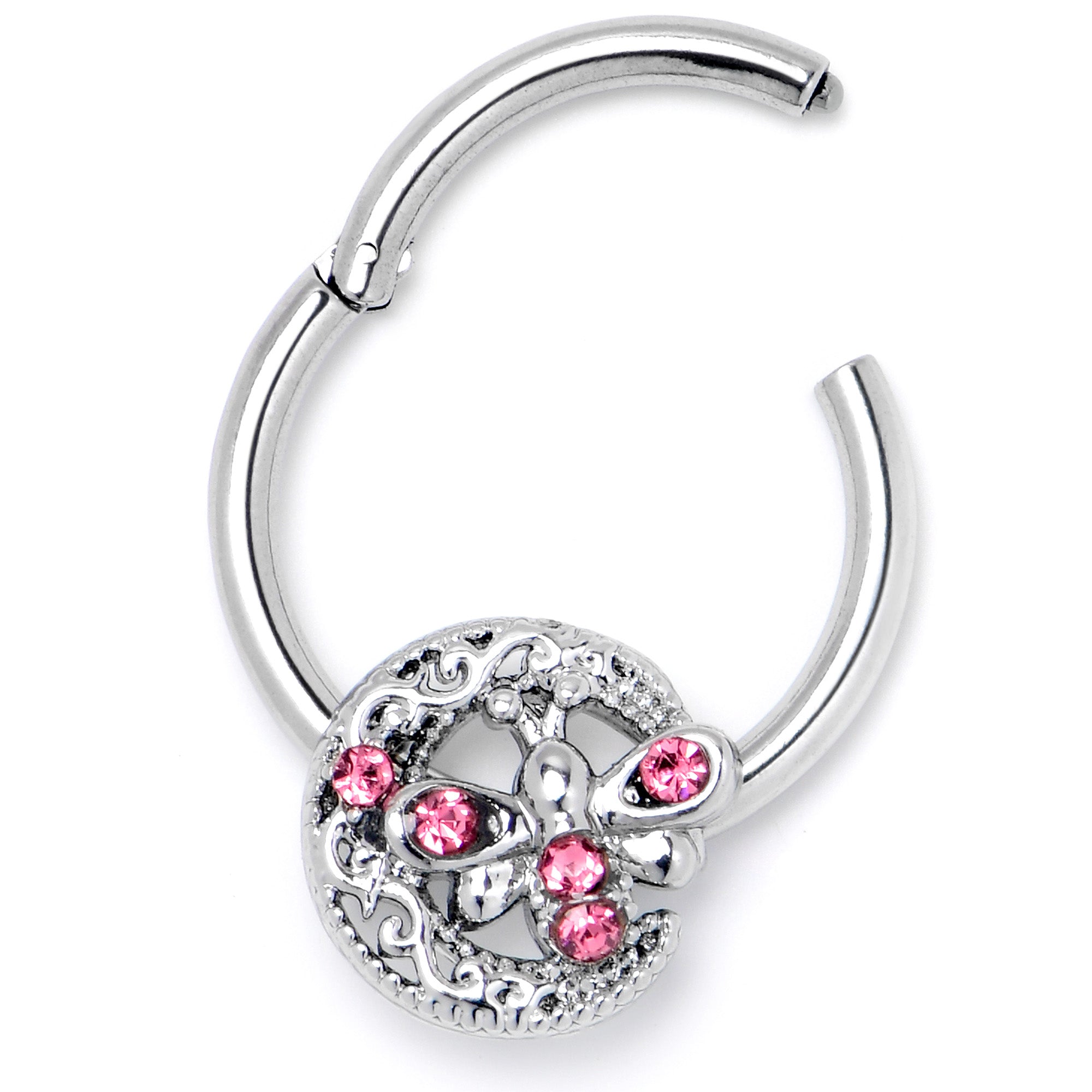 16G 3/8 Pink Gem Lunar Dragonfly Hinged Segment Ring