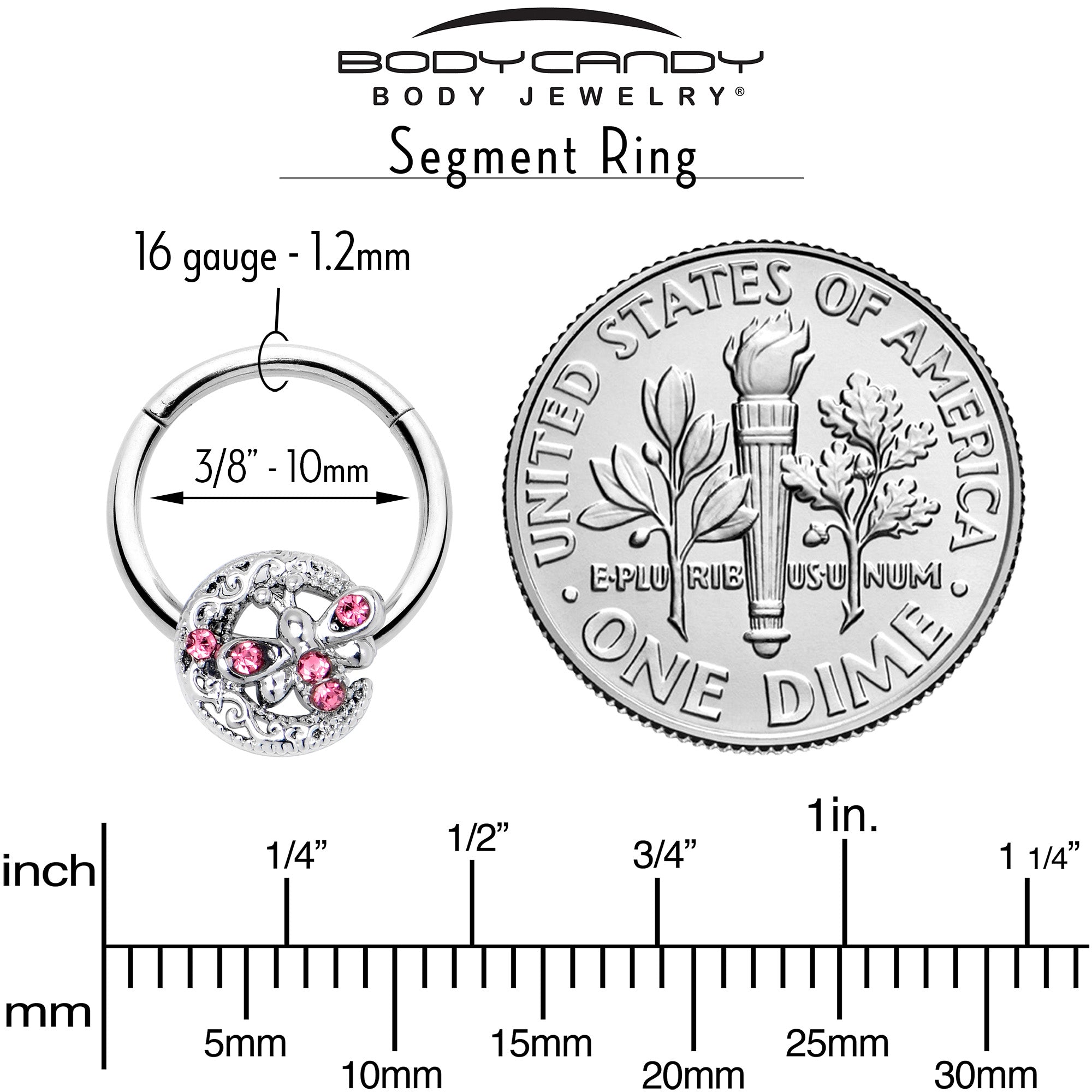 16G 3/8 Pink Gem Lunar Dragonfly Hinged Segment Ring