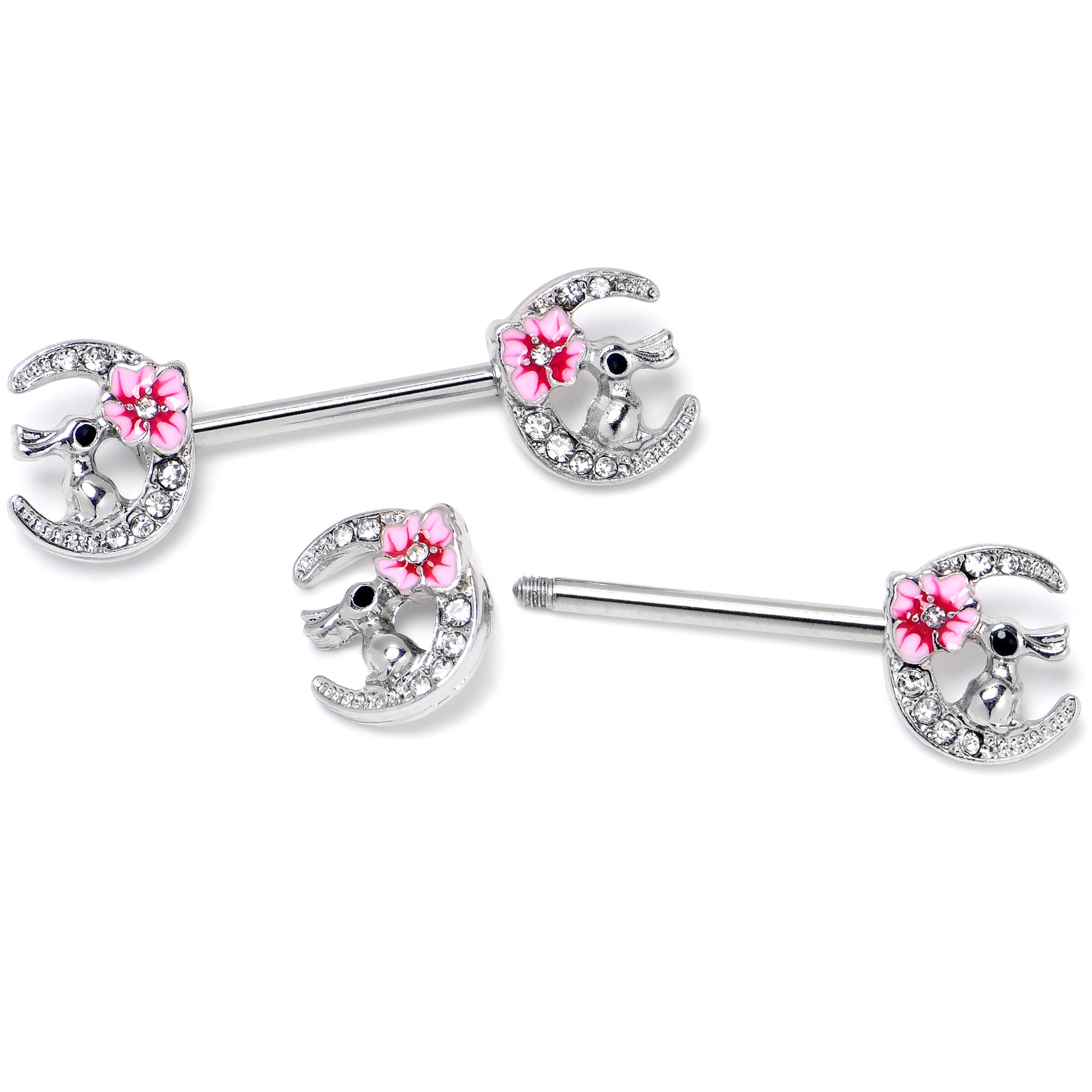 14G 9/16 Clear Gem Rabbit On Moon Flower Pink Nipple Ring Set