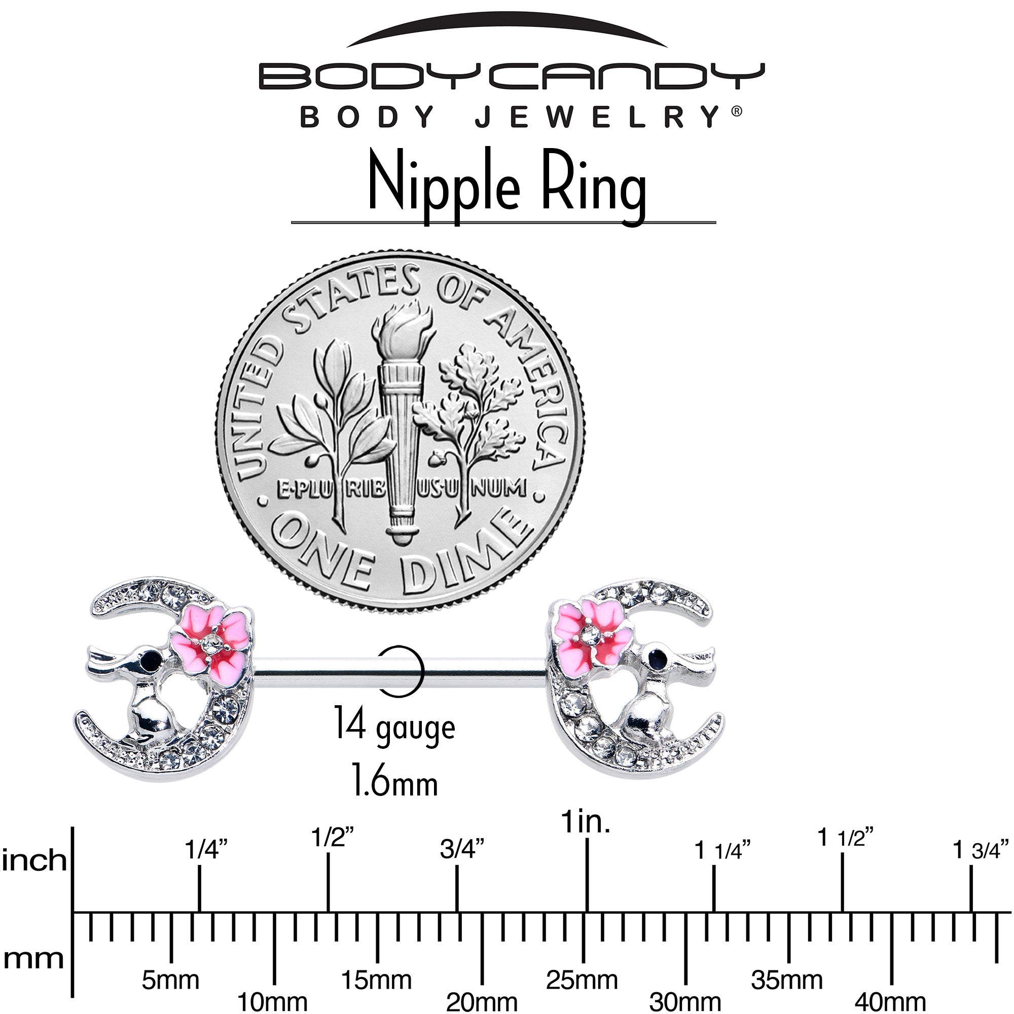 14G 9/16 Clear Gem Rabbit On Moon Flower Pink Nipple Ring Set