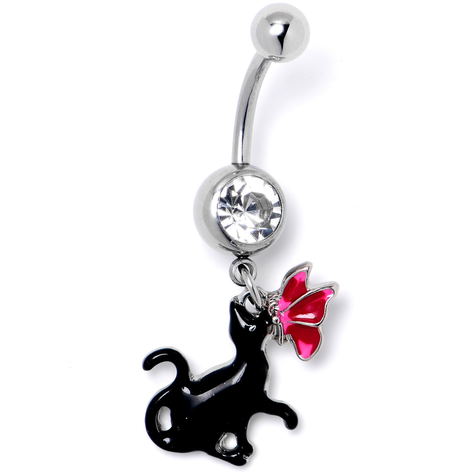 Clear Gem Butterfly Black Cat Dangle Belly Ring