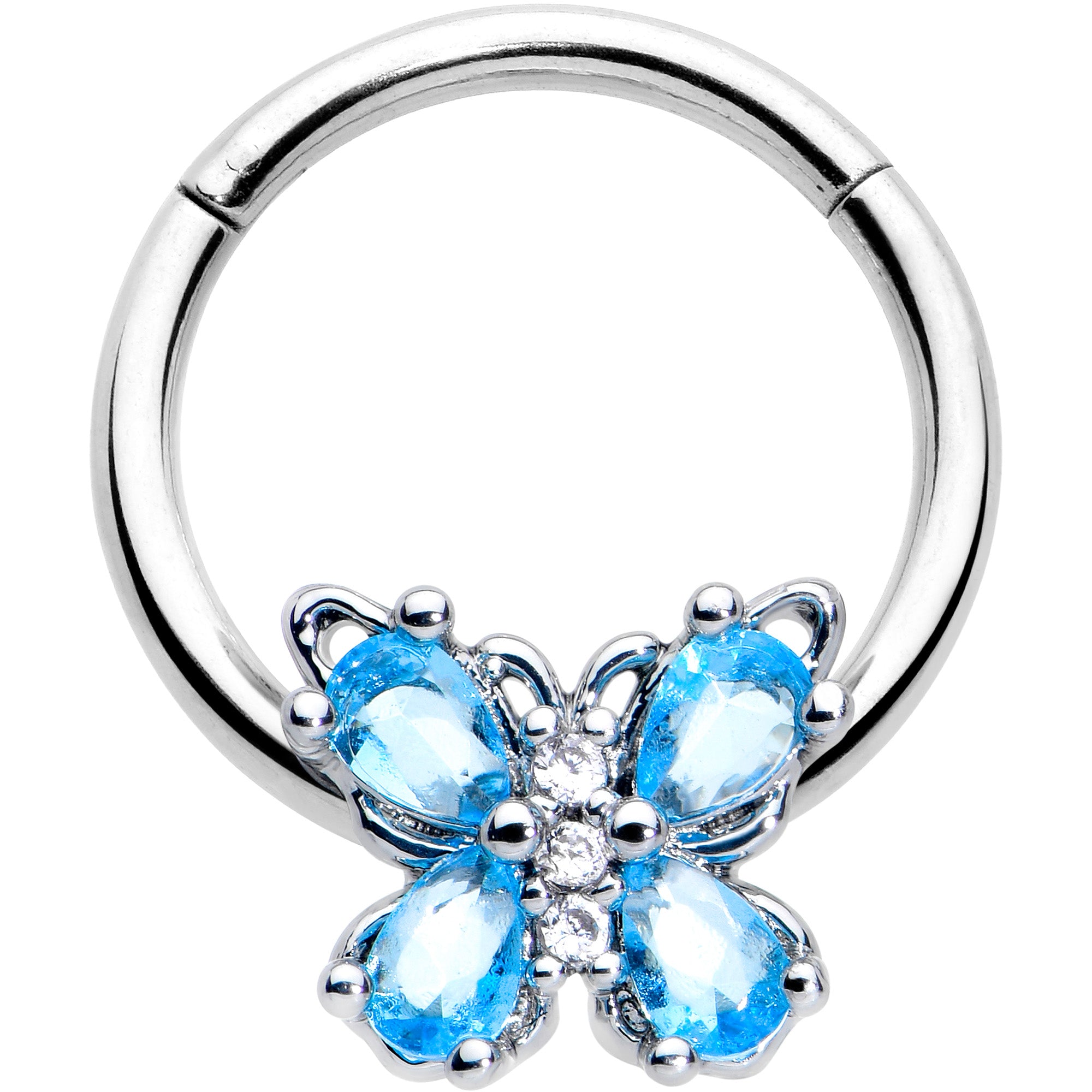 16G 3/8 Blue Gem Baroque Beauty Butterfly Hinged Segment Ring