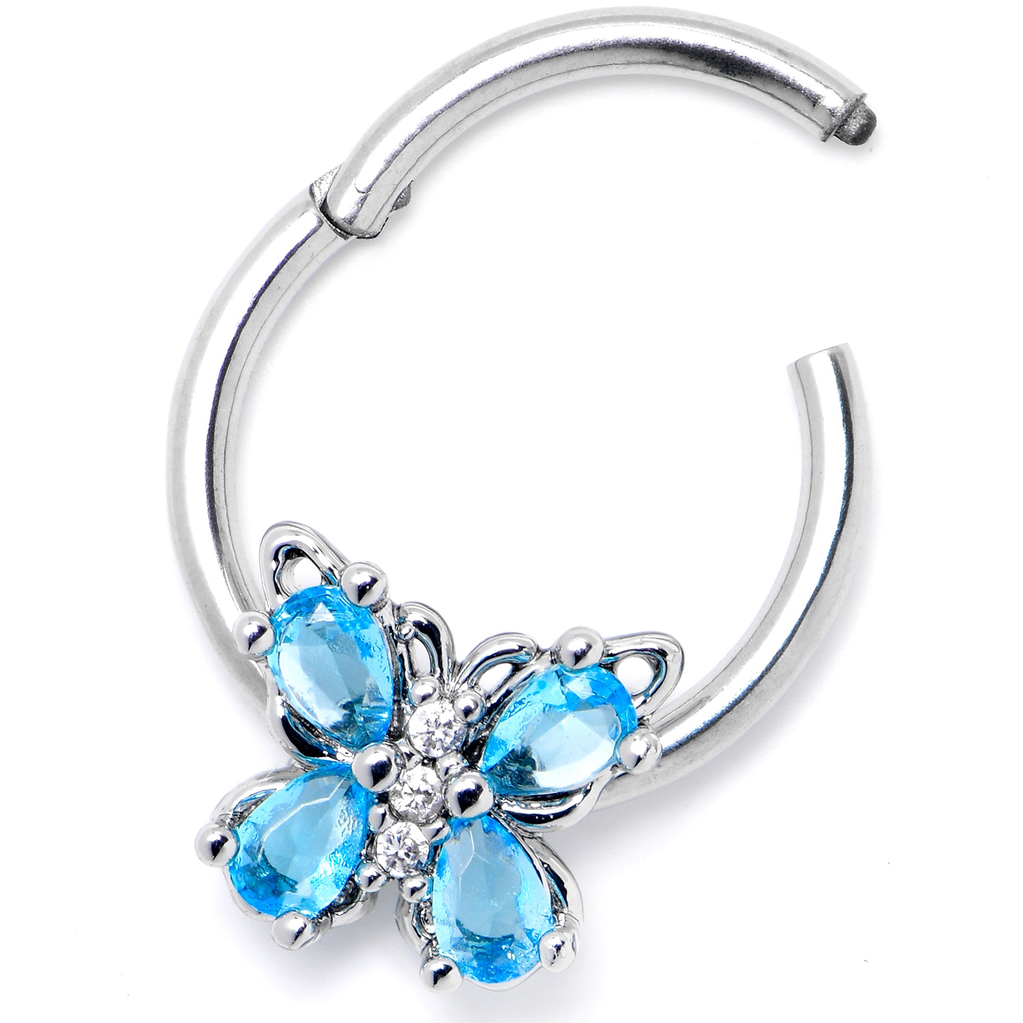 16G 3/8 Blue Gem Baroque Beauty Butterfly Hinged Segment Ring