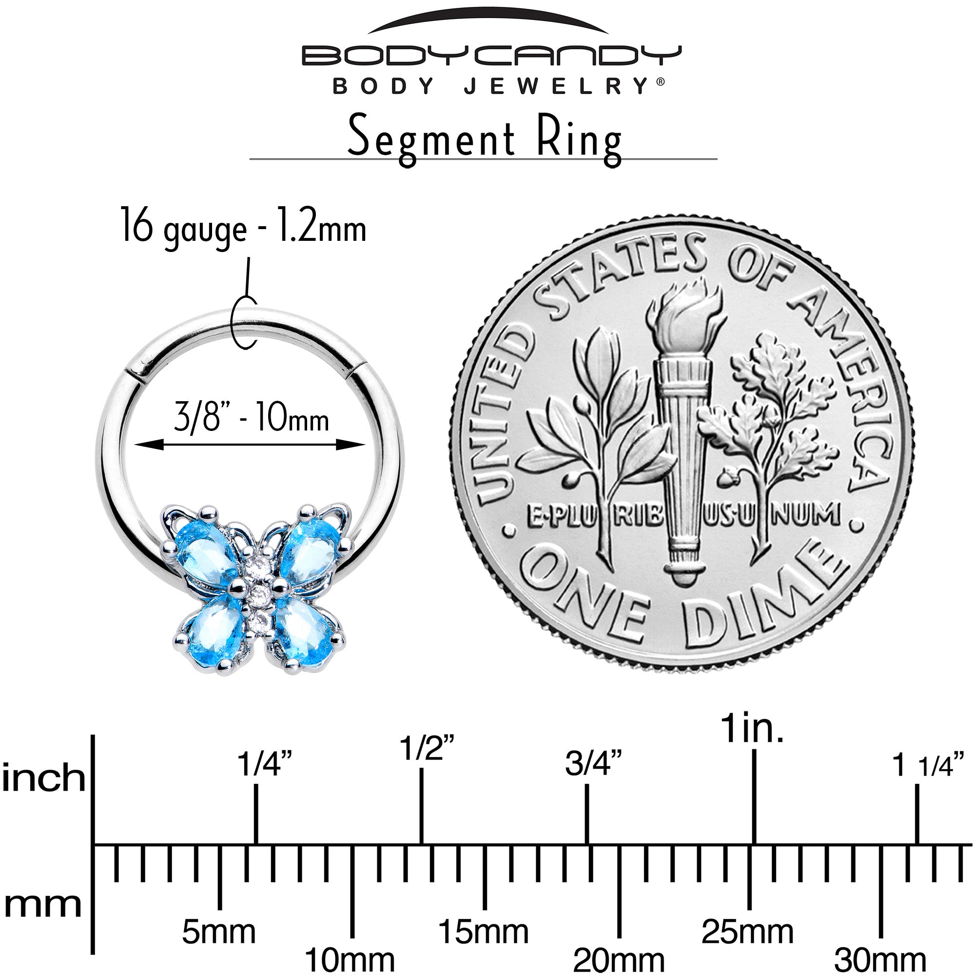 16G 3/8 Blue Gem Baroque Beauty Butterfly Hinged Segment Ring