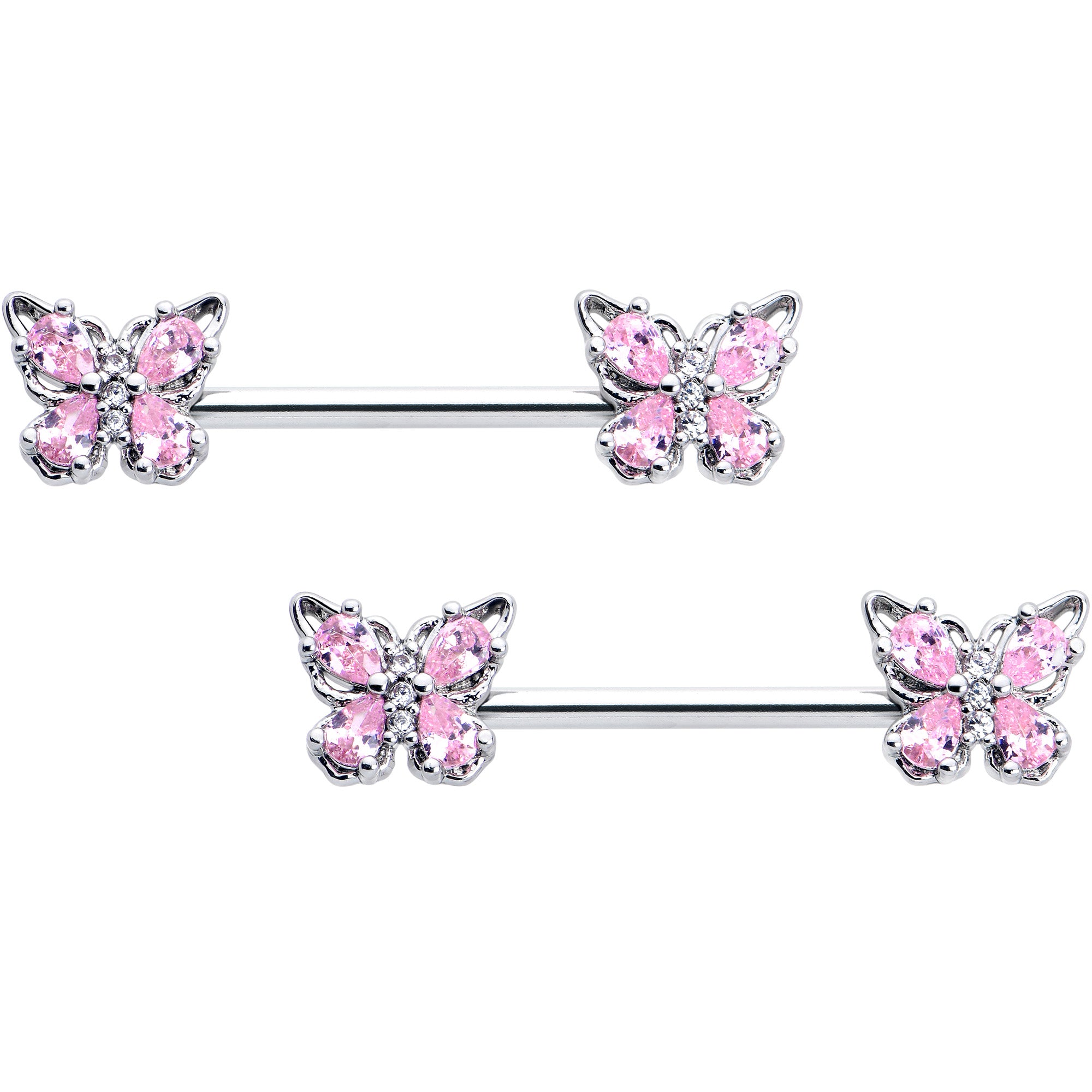 14G 9/16 Pink Gem Baroque Beauty Butterfly Barbell Nipple Ring Set