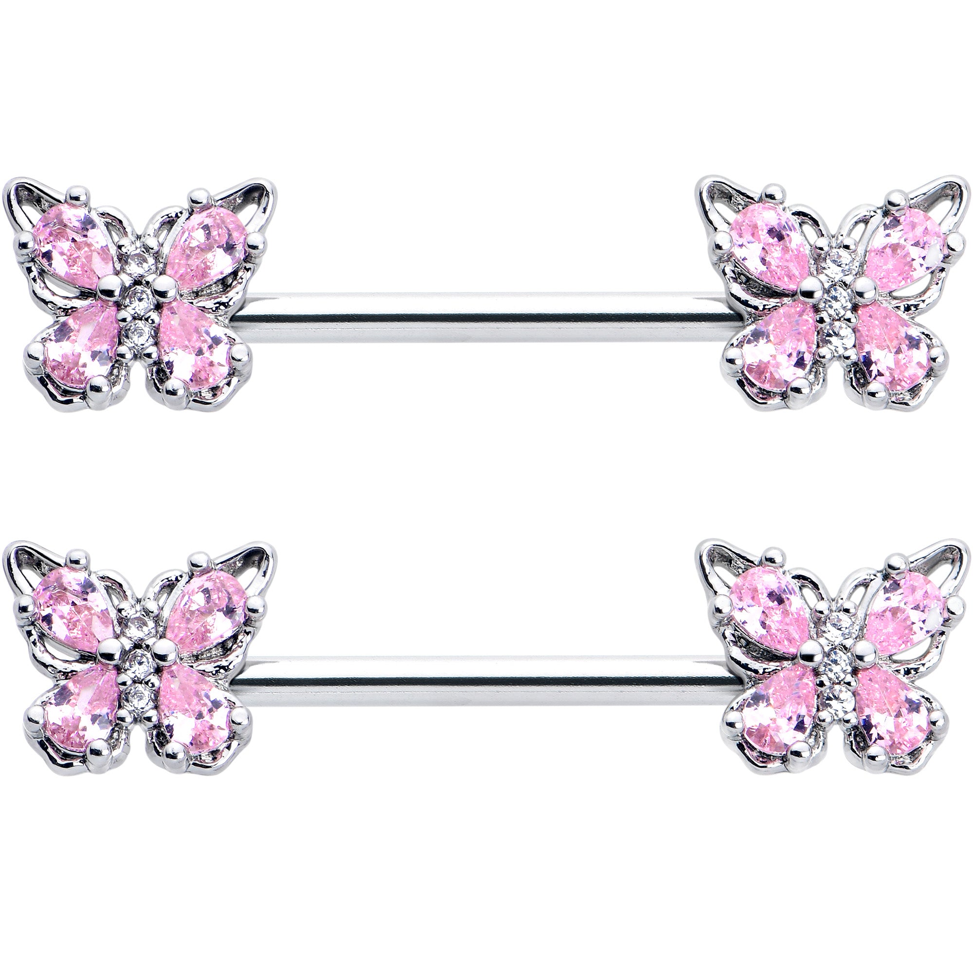 14G 9/16 Pink Gem Baroque Beauty Butterfly Barbell Nipple Ring Set