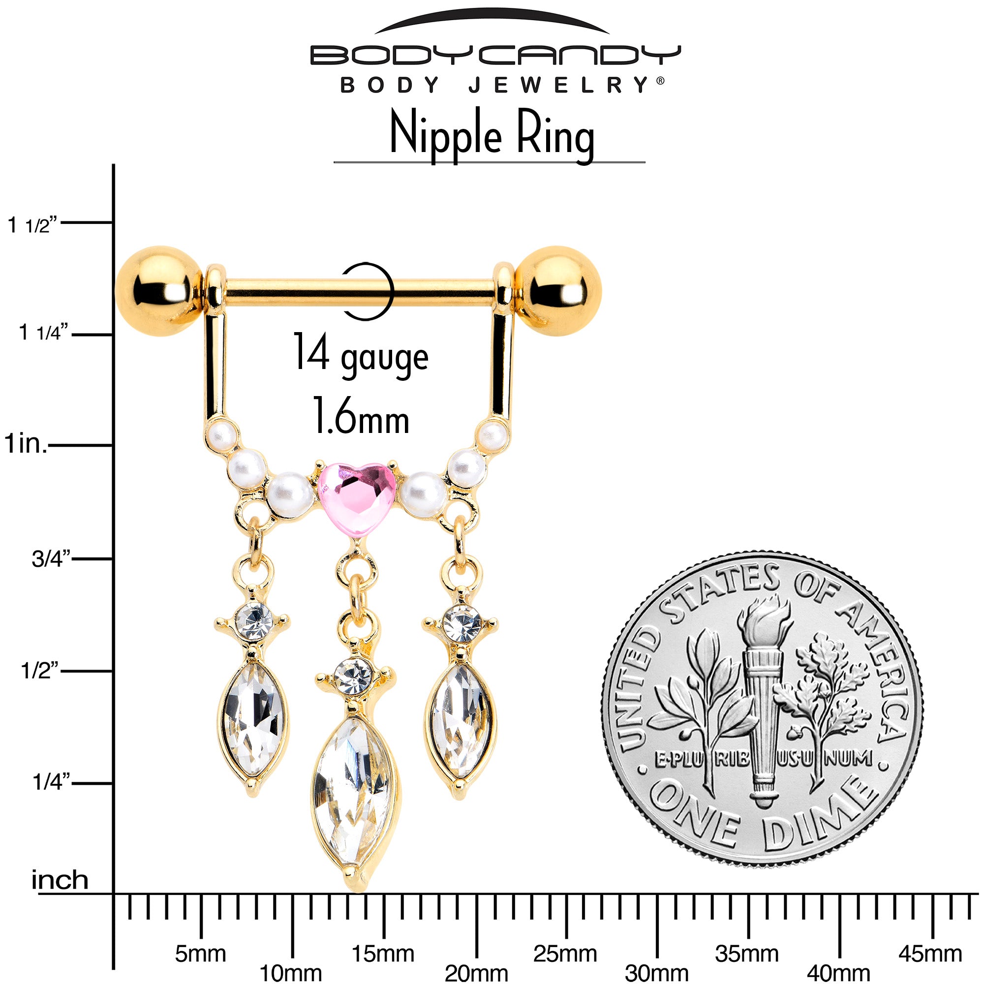 14G 9/16 Pink Gem Gold Tone Heart Triple Dangle Nipple Ring Set