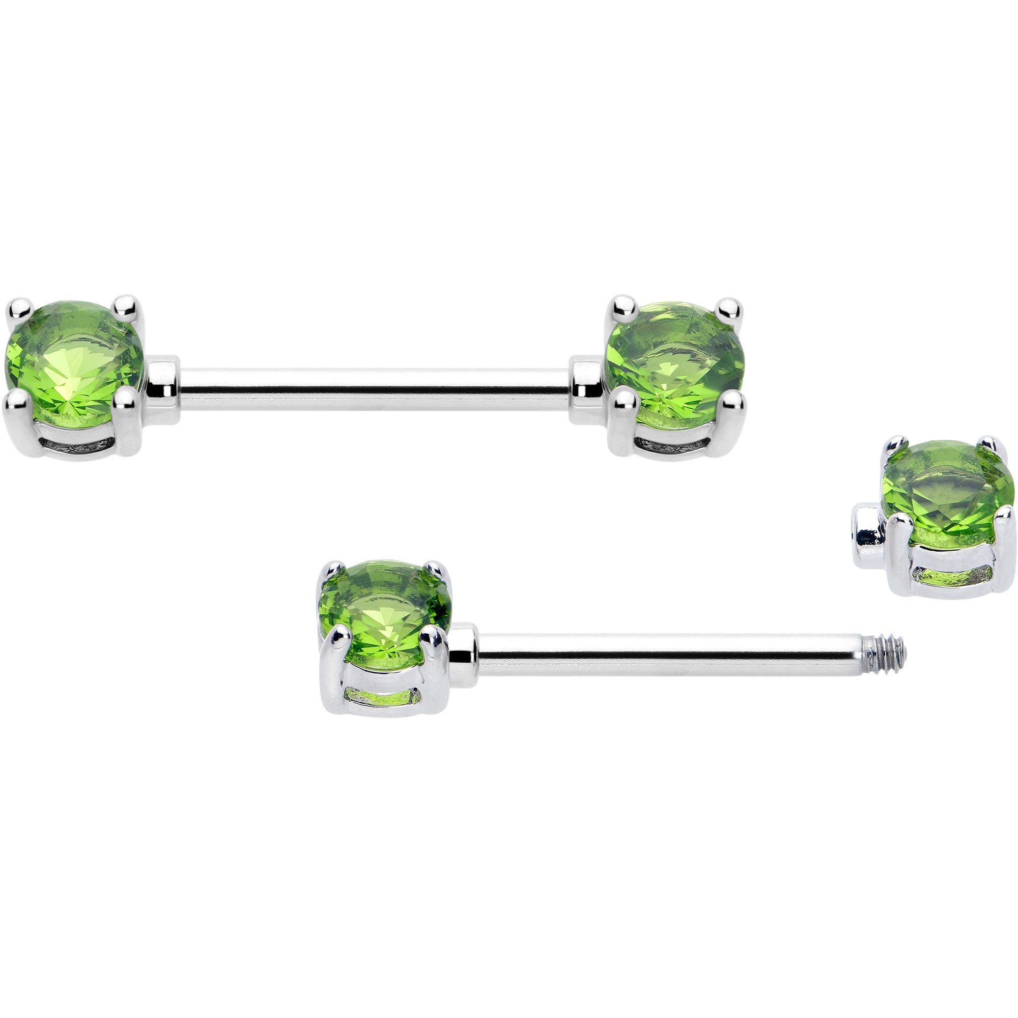 14G 9/16 Green CZ Gem August Birthstone Nipple Ring Set