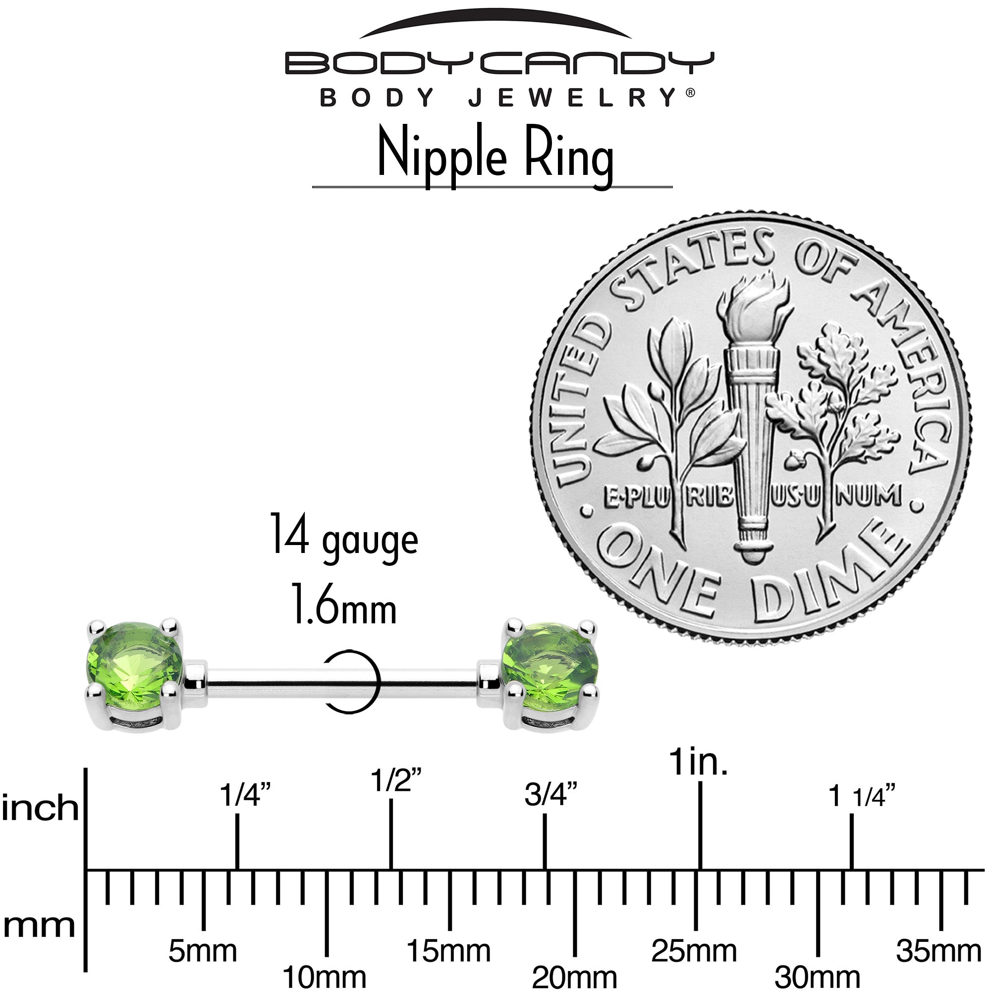 14G 9/16 Green CZ Gem August Birthstone Nipple Ring Set