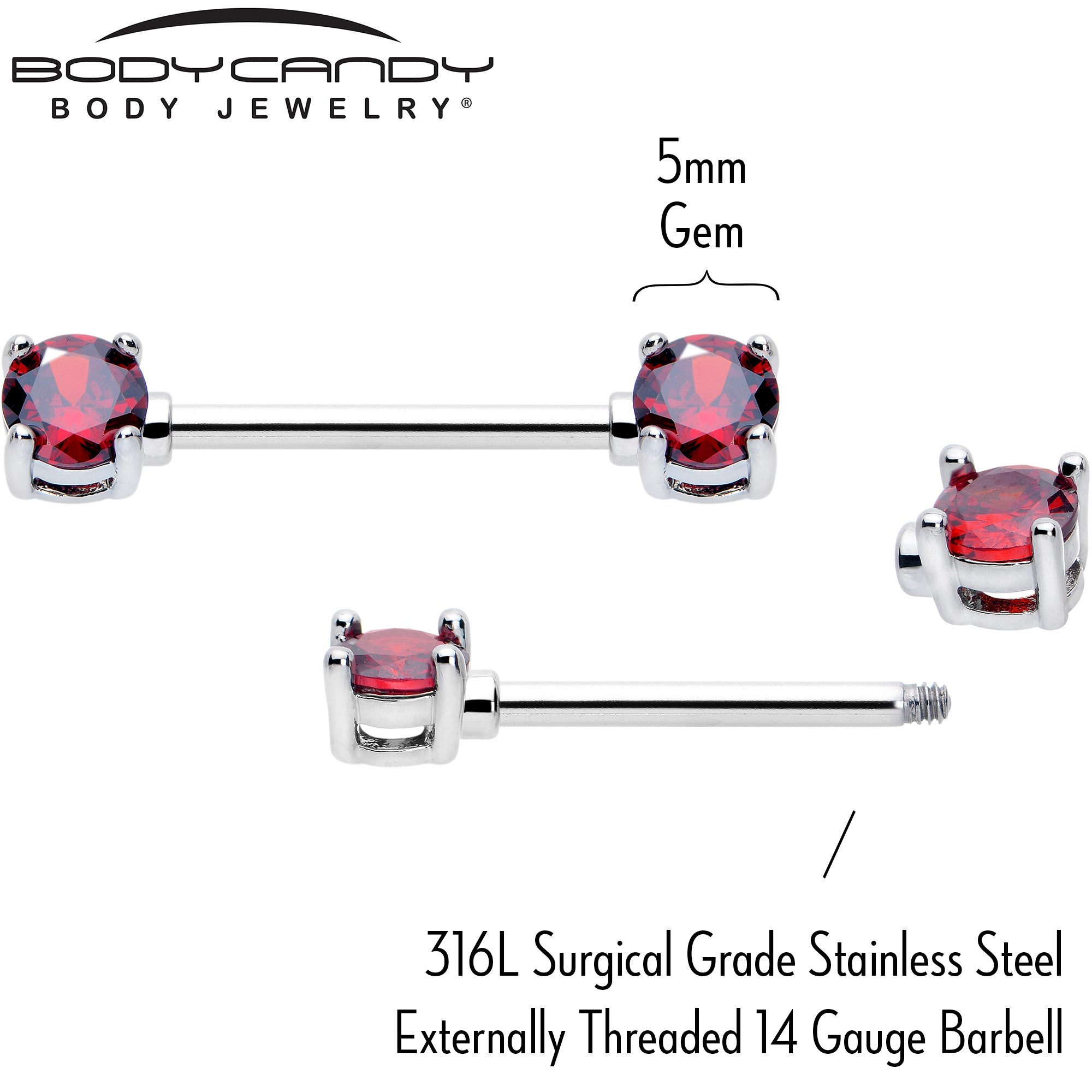 14G 9/16 Red CZ Gem July Birthstone Nipple Ring Set