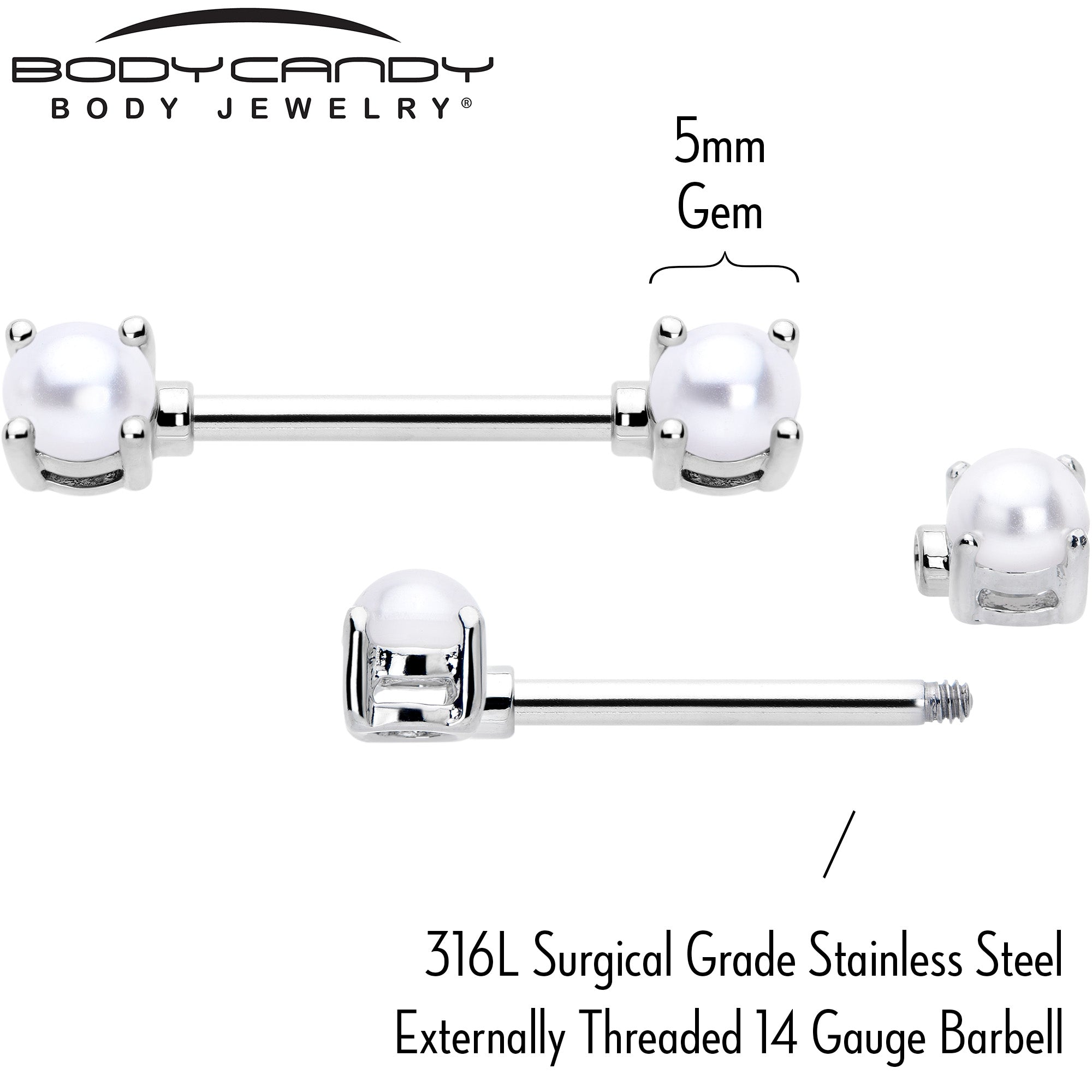 14G 9/16 White Faux Pearl June Birthstone Nipple Ring Set