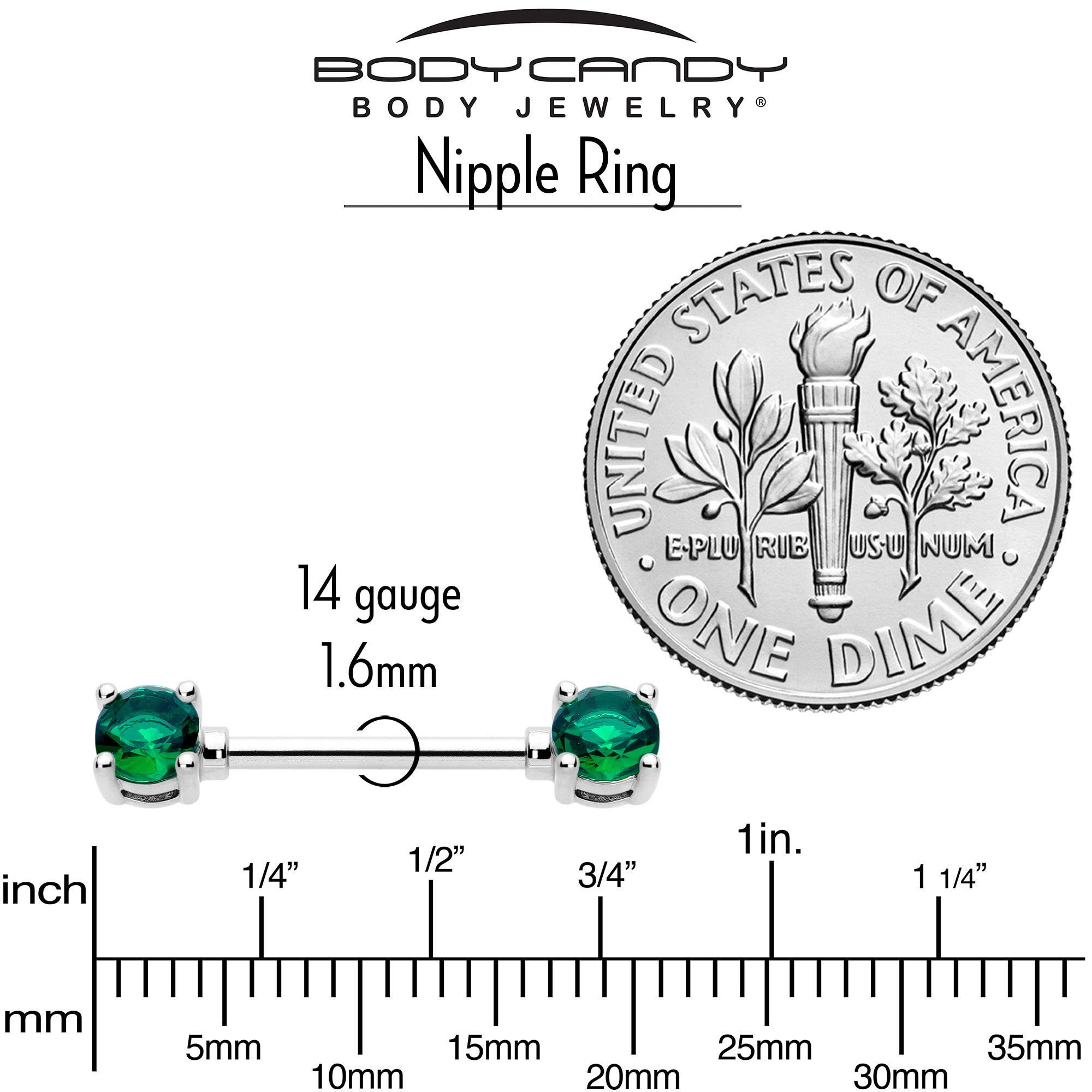 14G 9/16 Green CZ Gem May Birthstone Nipple Ring Set