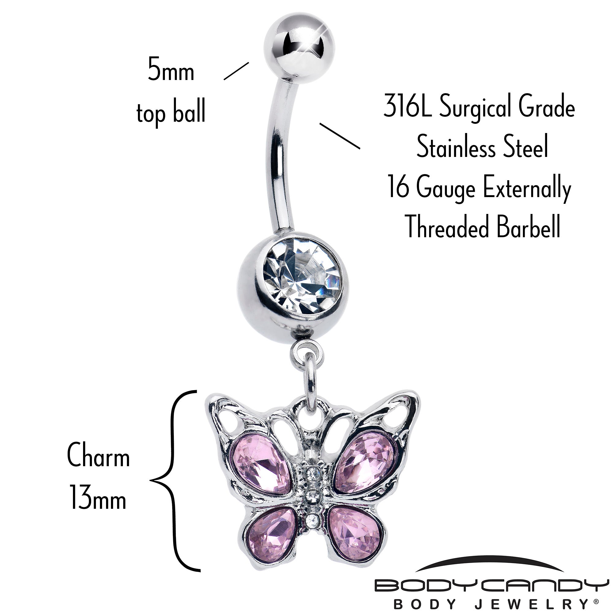 Pink Gem Butterfly Beauty Bling Dangle Belly Ring
