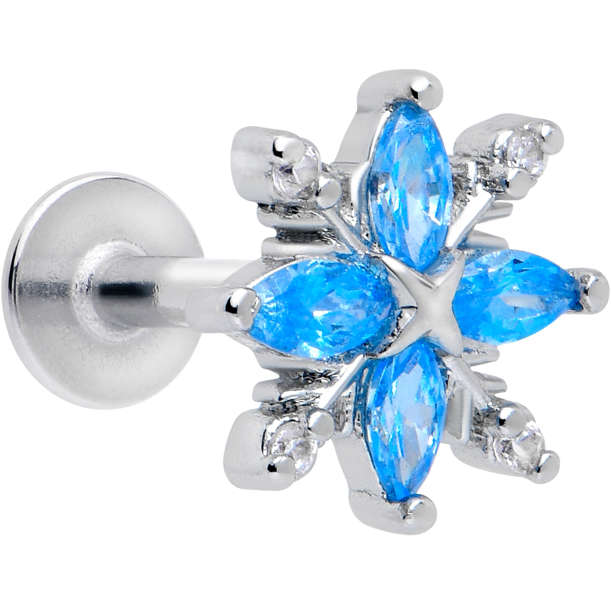 16 Gauge Blue CZ Gem Flower Flatback Stud