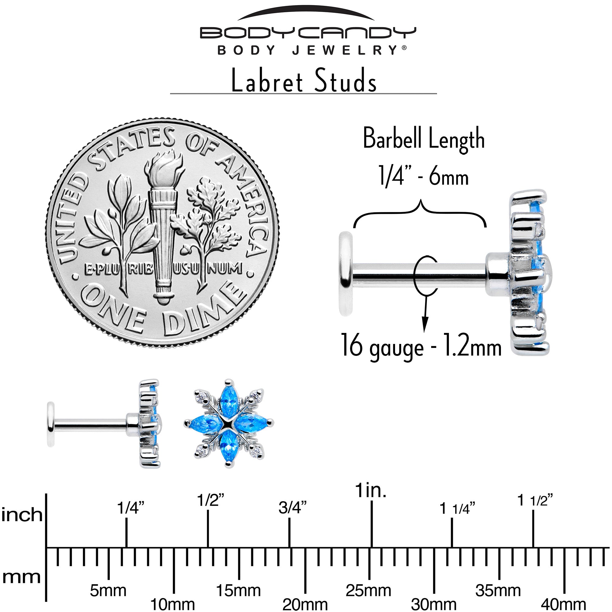 1/4 Blue CZ Gem Flower Flatback Stud for Piercings