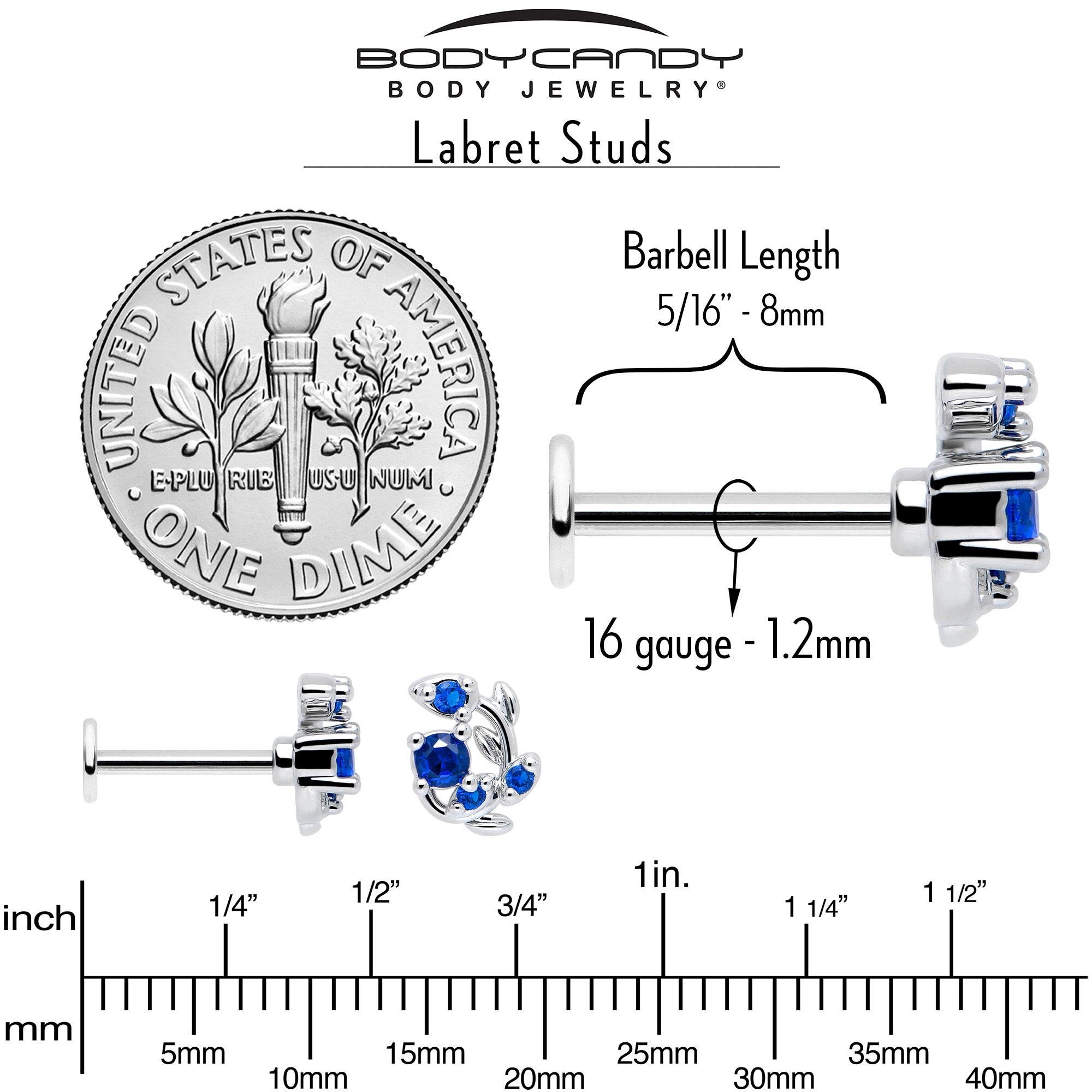 16 Gauge Blue Gem Flatback Stud Twining Vine Design