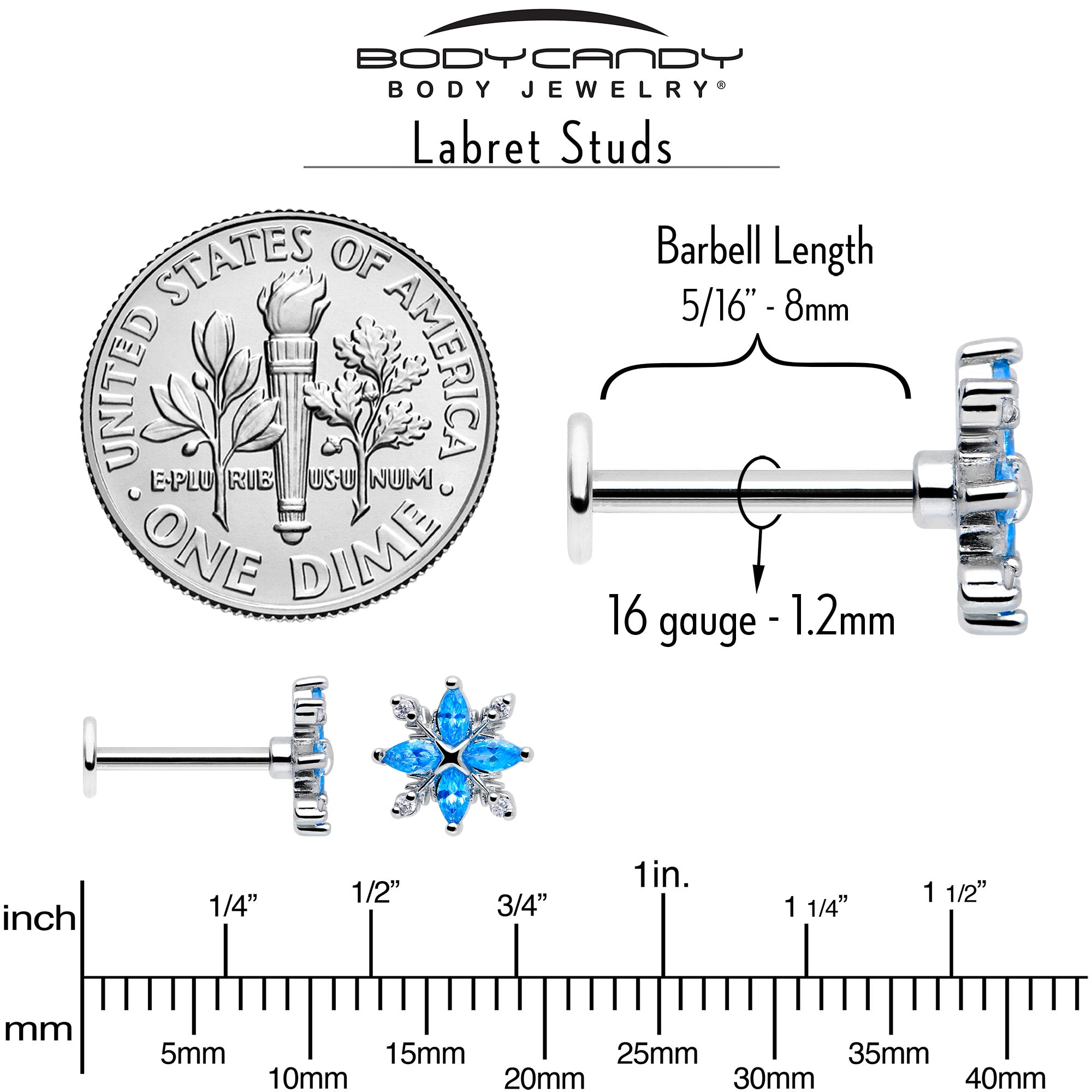 16 Gauge Classic Flower Blue CZ Gem Flatback Stud