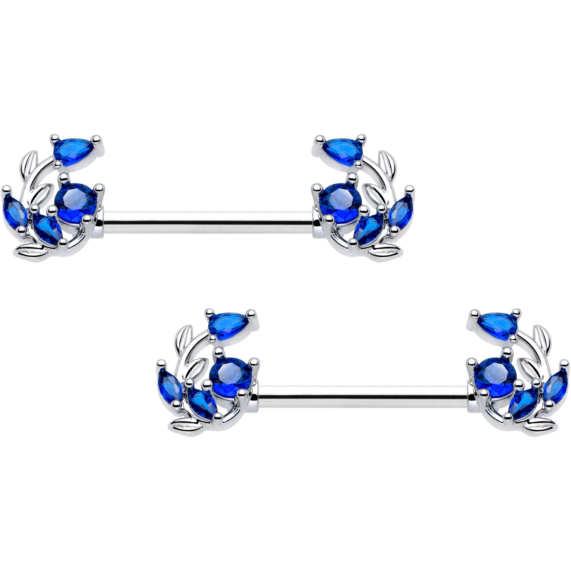14 Gauge 9/16 Blue Gem Twining Vine Barbell Nipple Ring Set